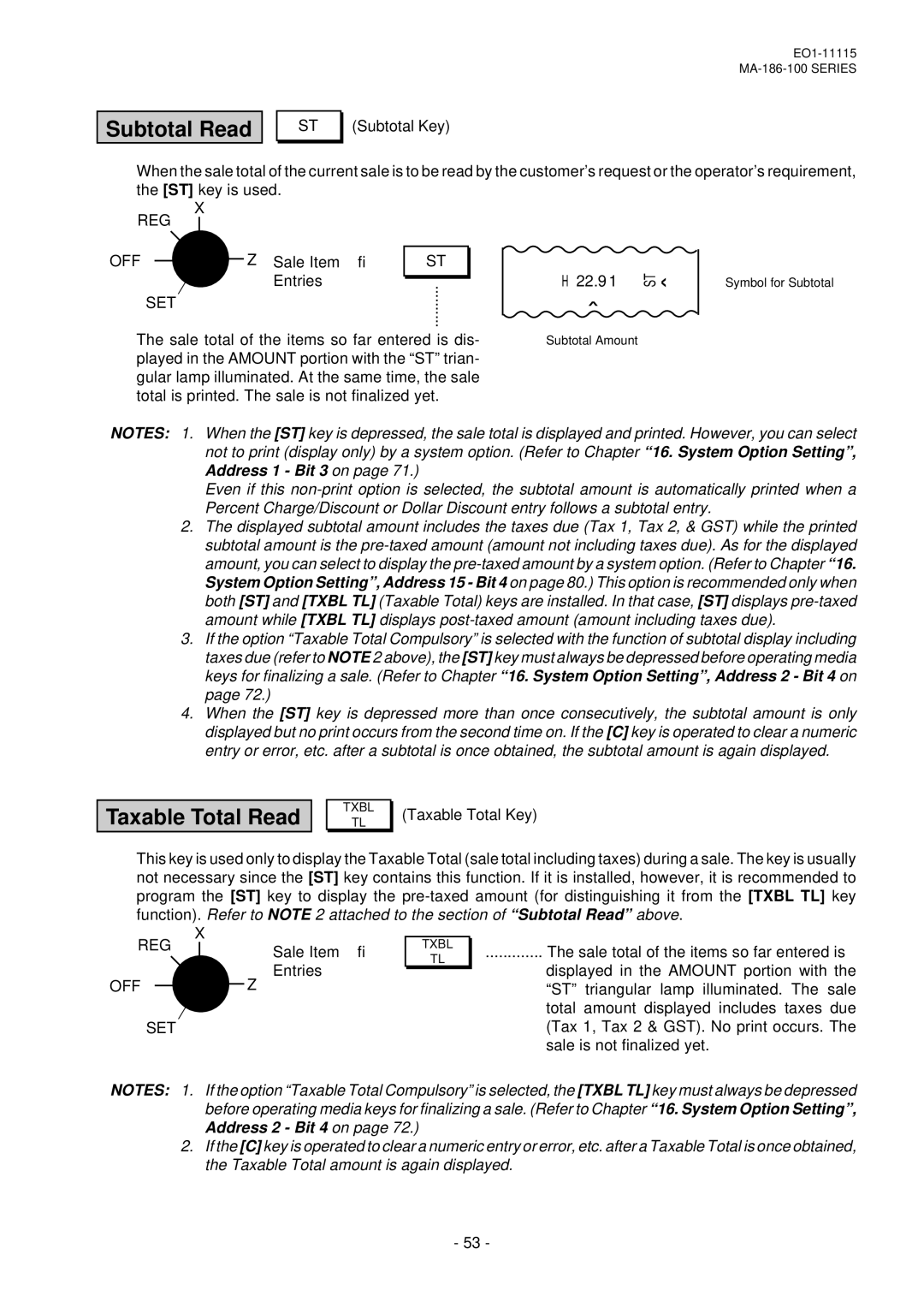 Toshiba EO1-11115, MA-186-100 SERIES owner manual Subtotal Read, Taxable Total Read, 22.9 