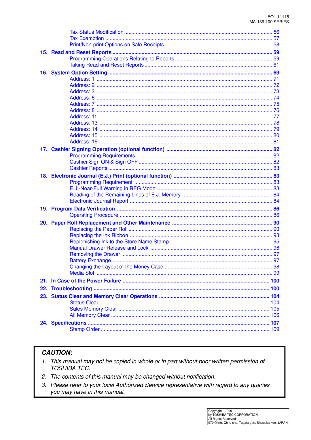 Toshiba MA-186-100 SERIES, EO1-11115 owner manual Toshiba TEC 