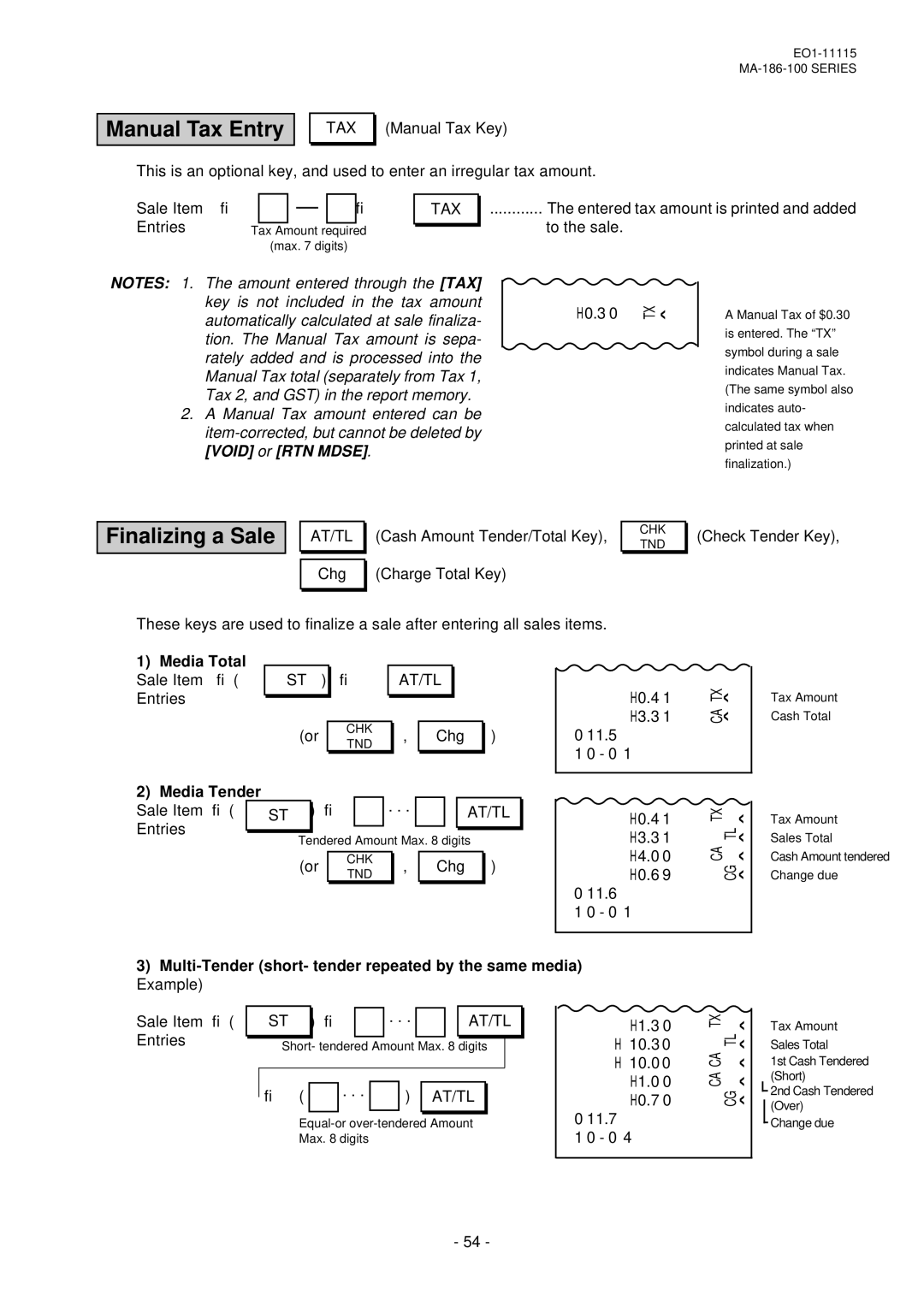 Toshiba MA-186-100 SERIES, EO1-11115 owner manual Manual Tax Entry, Finalizing a Sale, Media Total, Media Tender 