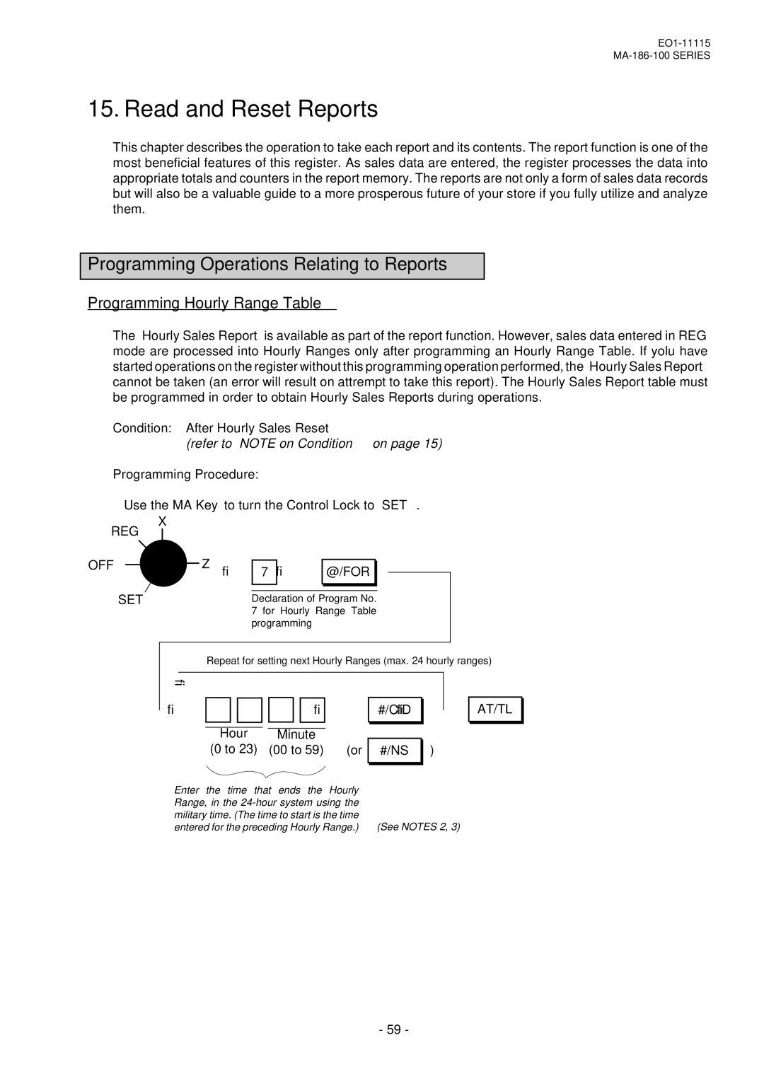 Toshiba EO1-11115 Read and Reset Reports, Programming Operations Relating to Reports, Programming Hourly Range Table 