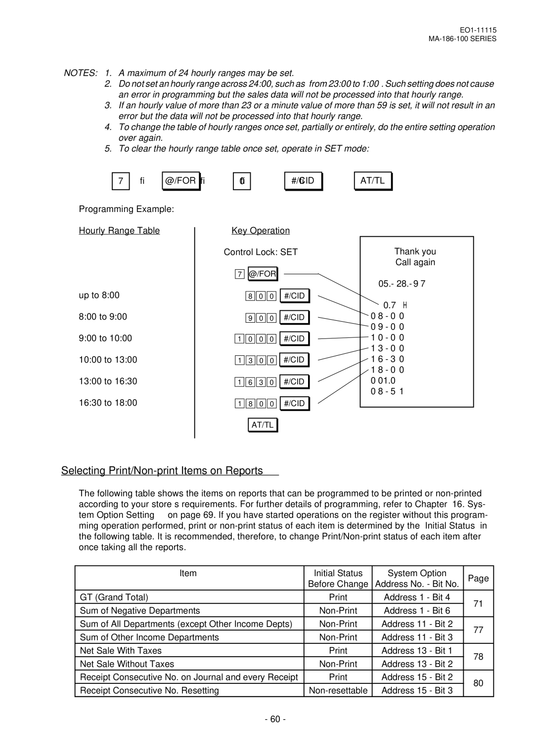 Toshiba MA-186-100 SERIES, EO1-11115 Selecting Print/Non-print Items on Reports, Programming Example, 05.- 28.- 9 01.0 