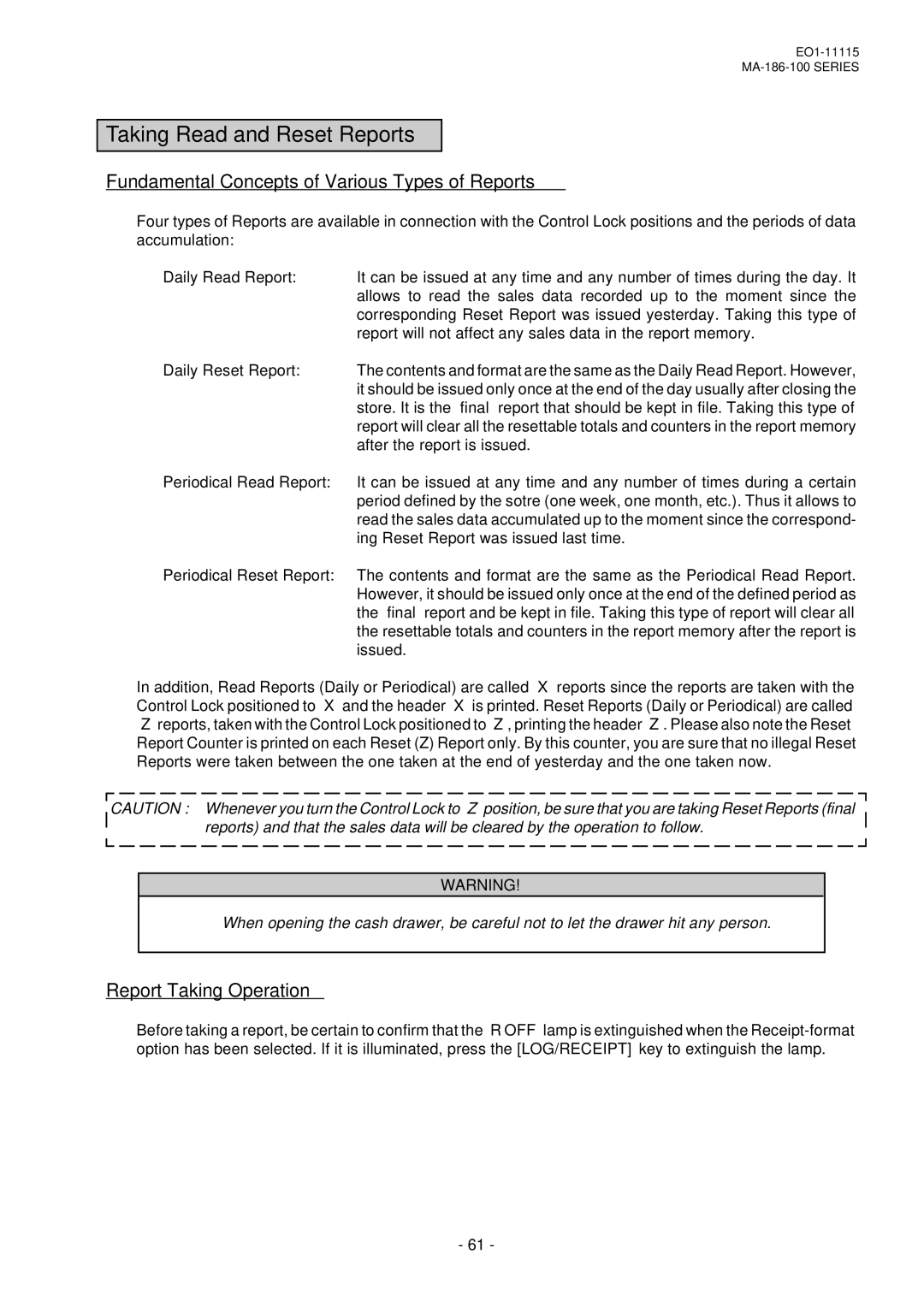 Toshiba MA-186 Taking Read and Reset Reports, Fundamental Concepts of Various Types of Reports, Report Taking Operation 