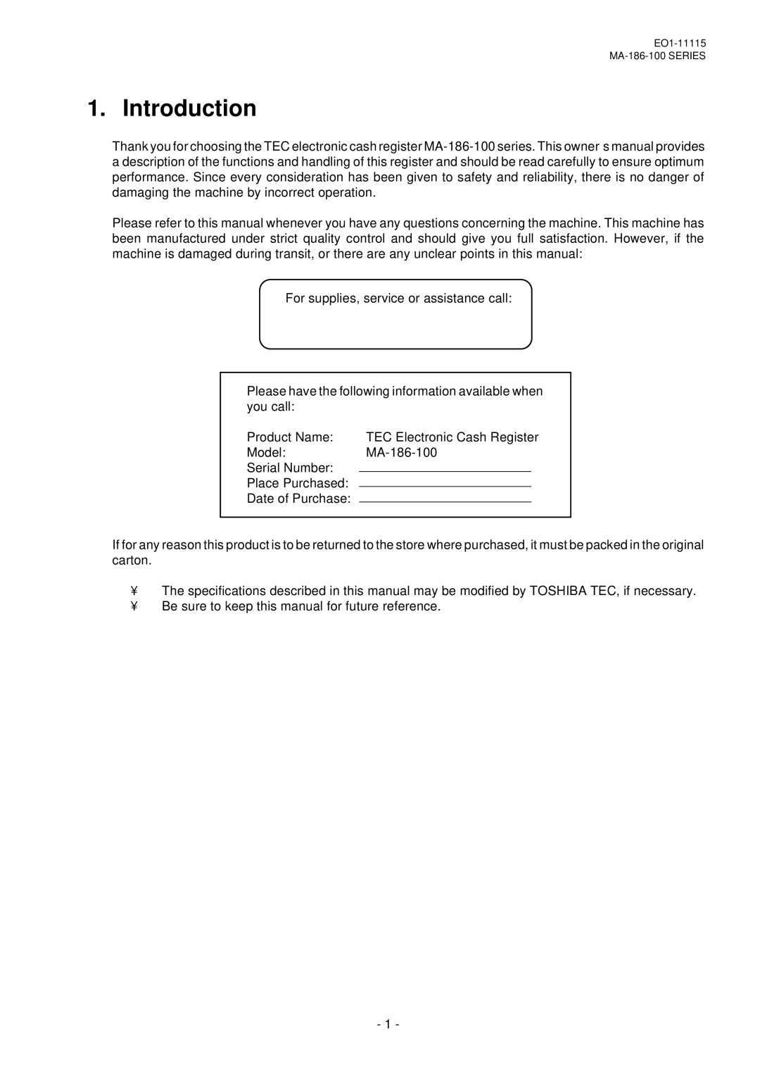 Toshiba MA-186-100 SERIES, EO1-11115 owner manual Introduction 