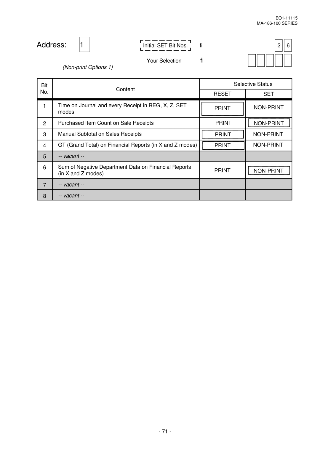 Toshiba EO1-11115, MA-186-100 SERIES owner manual Address, Non-print Options, Your Selection →, Vacant 