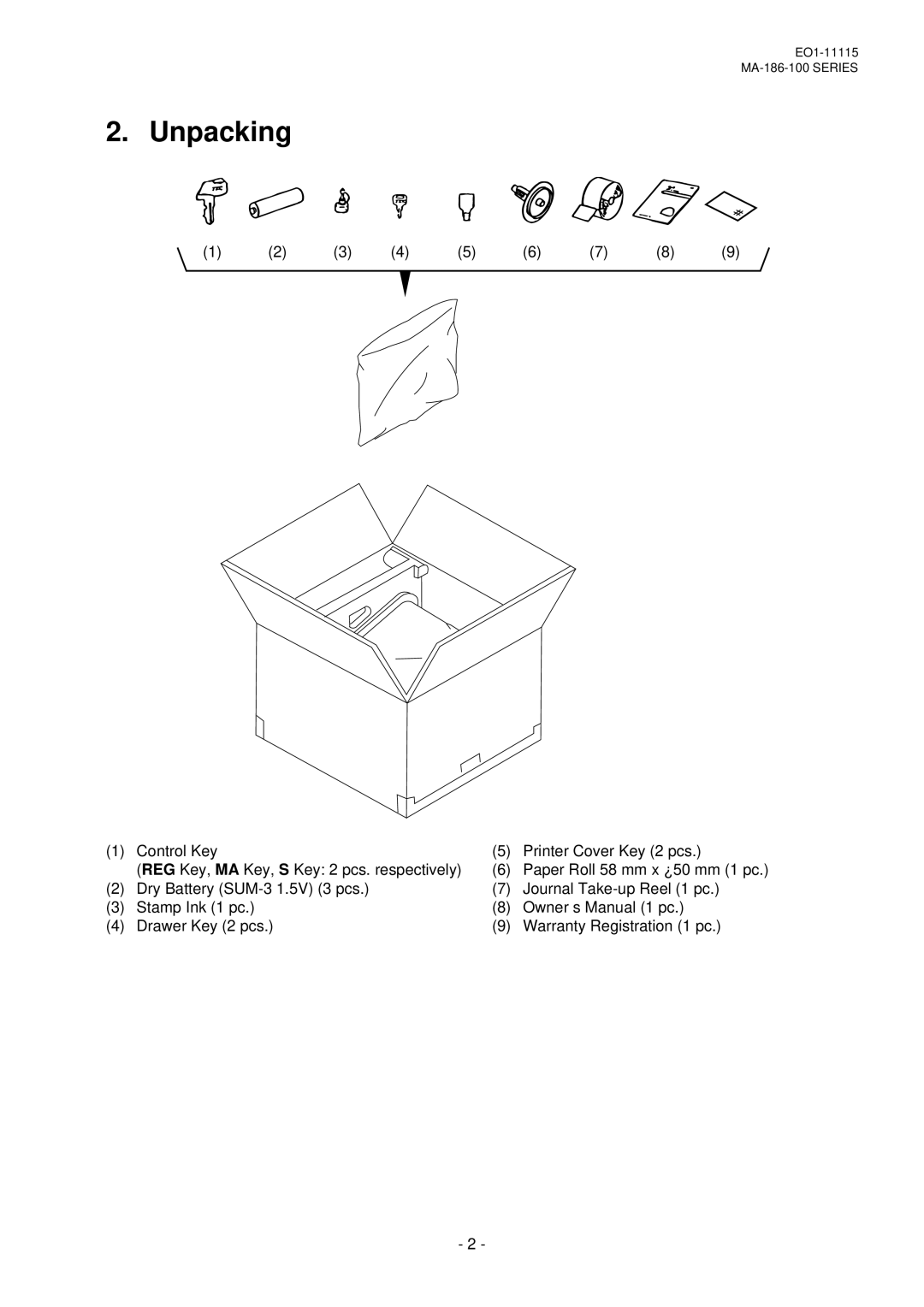 Toshiba EO1-11115, MA-186-100 SERIES owner manual Unpacking 