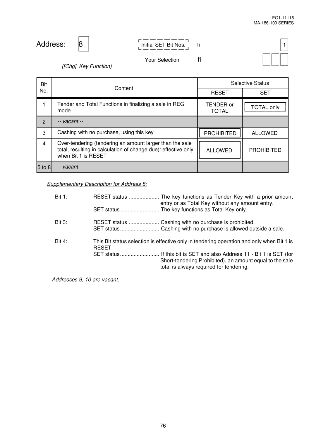 Toshiba MA-186-100 SERIES, EO1-11115 Chg Key Function, Allowed Prohibited, Reset, Addresses 9, 10 are vacant 