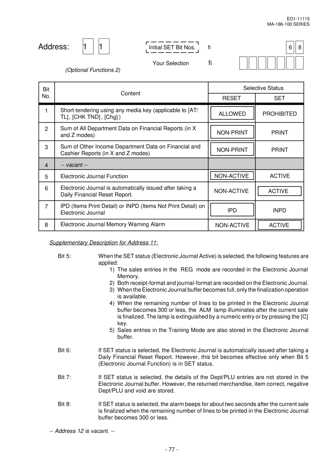 Toshiba EO1-11115, MA-186-100 SERIES owner manual TL, CHK TND, Chg, Address 12 is vacant 