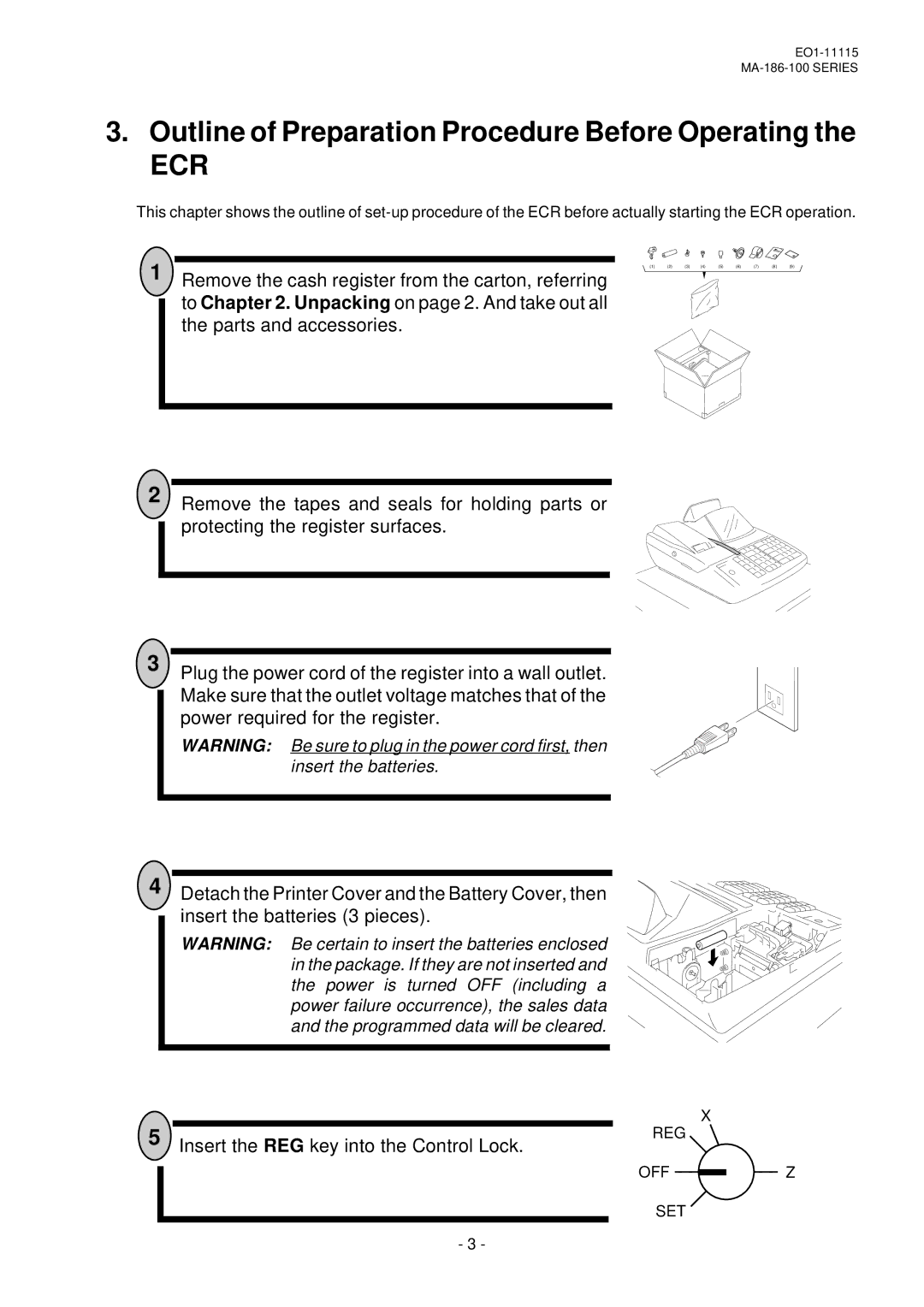 Toshiba MA-186-100 SERIES, EO1-11115 owner manual Outline of Preparation Procedure Before Operating, Reg, Offz SET 