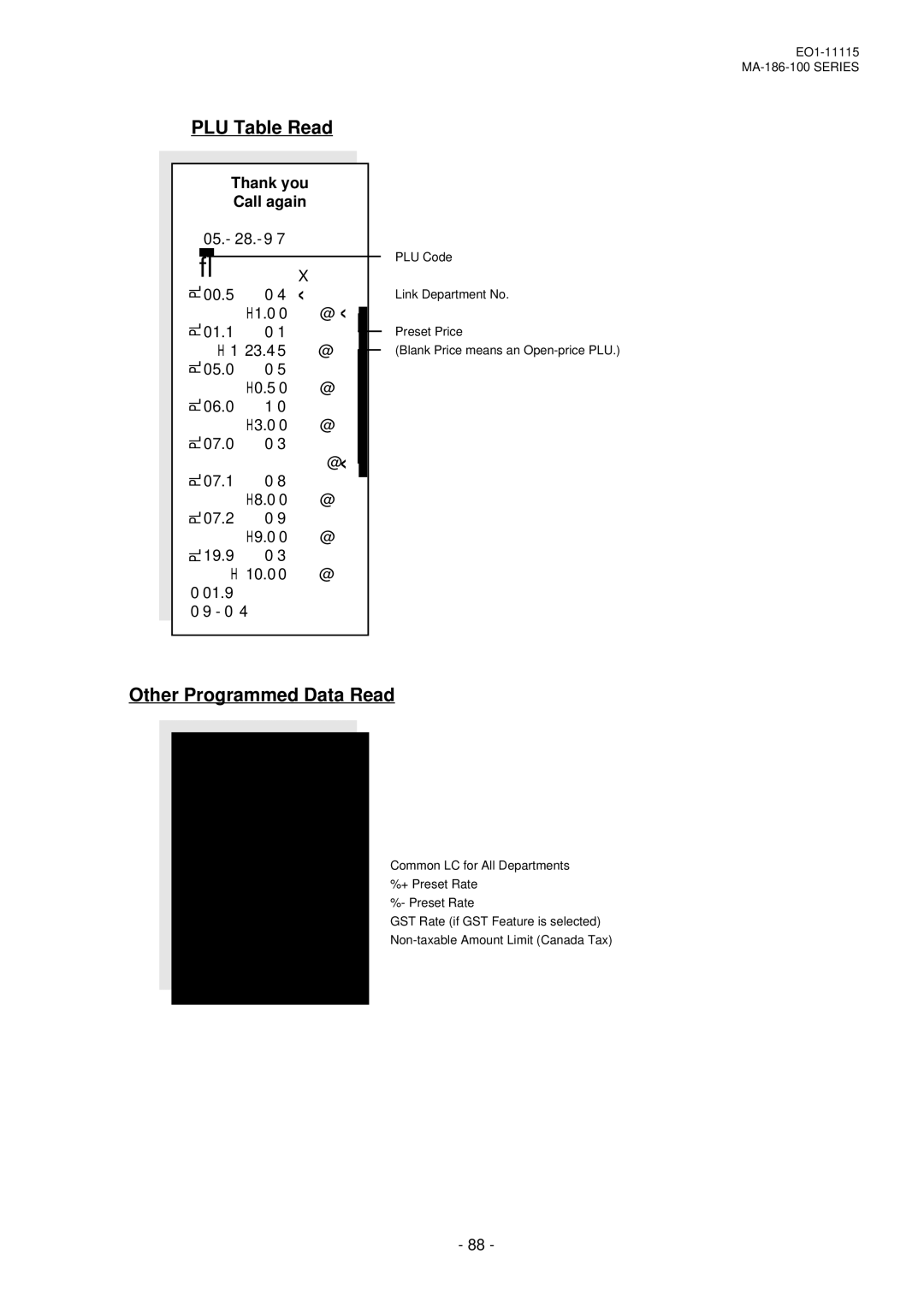 Toshiba MA-186-100 SERIES, EO1-11115 owner manual PLU Table Read, Other Programmed Data Read 