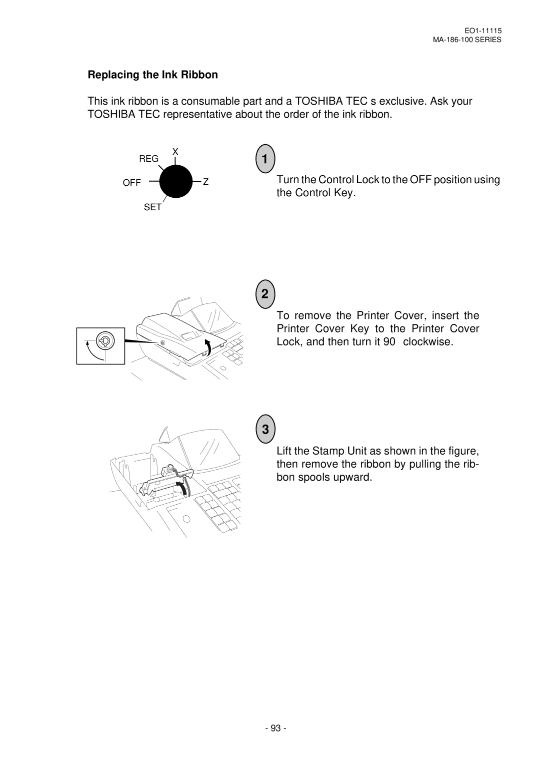 Toshiba MA-186-100 SERIES, EO1-11115 owner manual Replacing the Ink Ribbon 