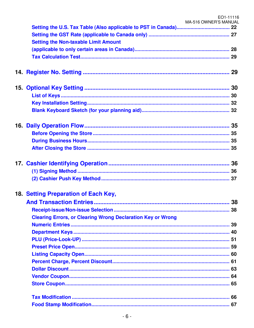 Toshiba MA-516-100 owner manual Setting Preparation of Each Key 