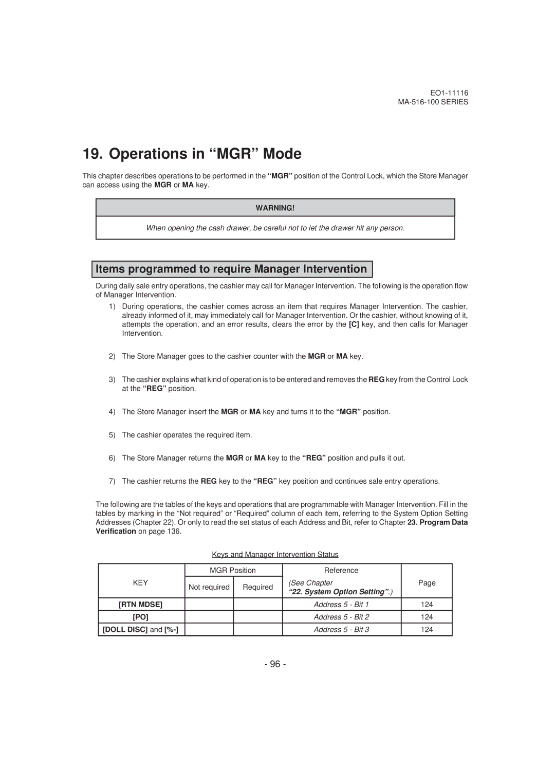 Toshiba MA-516-100 owner manual Operations in MGR Mode, Items programmed to require Manager Intervention, Key, See Chapter 