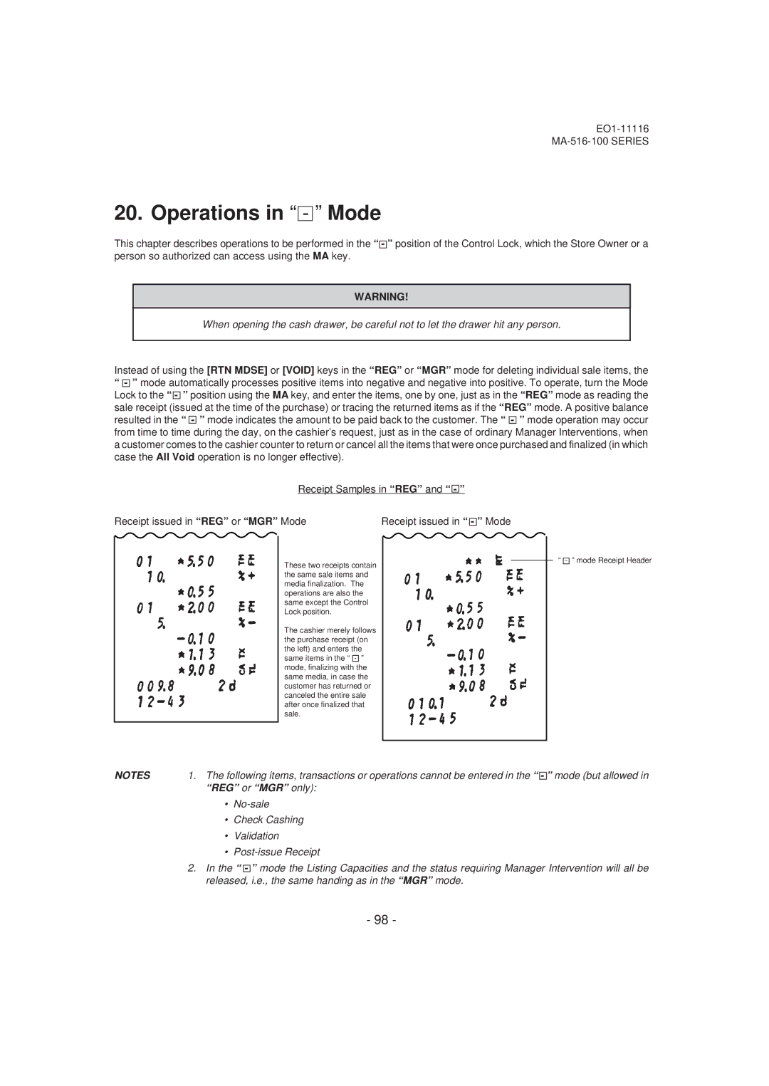 Toshiba MA-516-100 owner manual Operations in Mode 