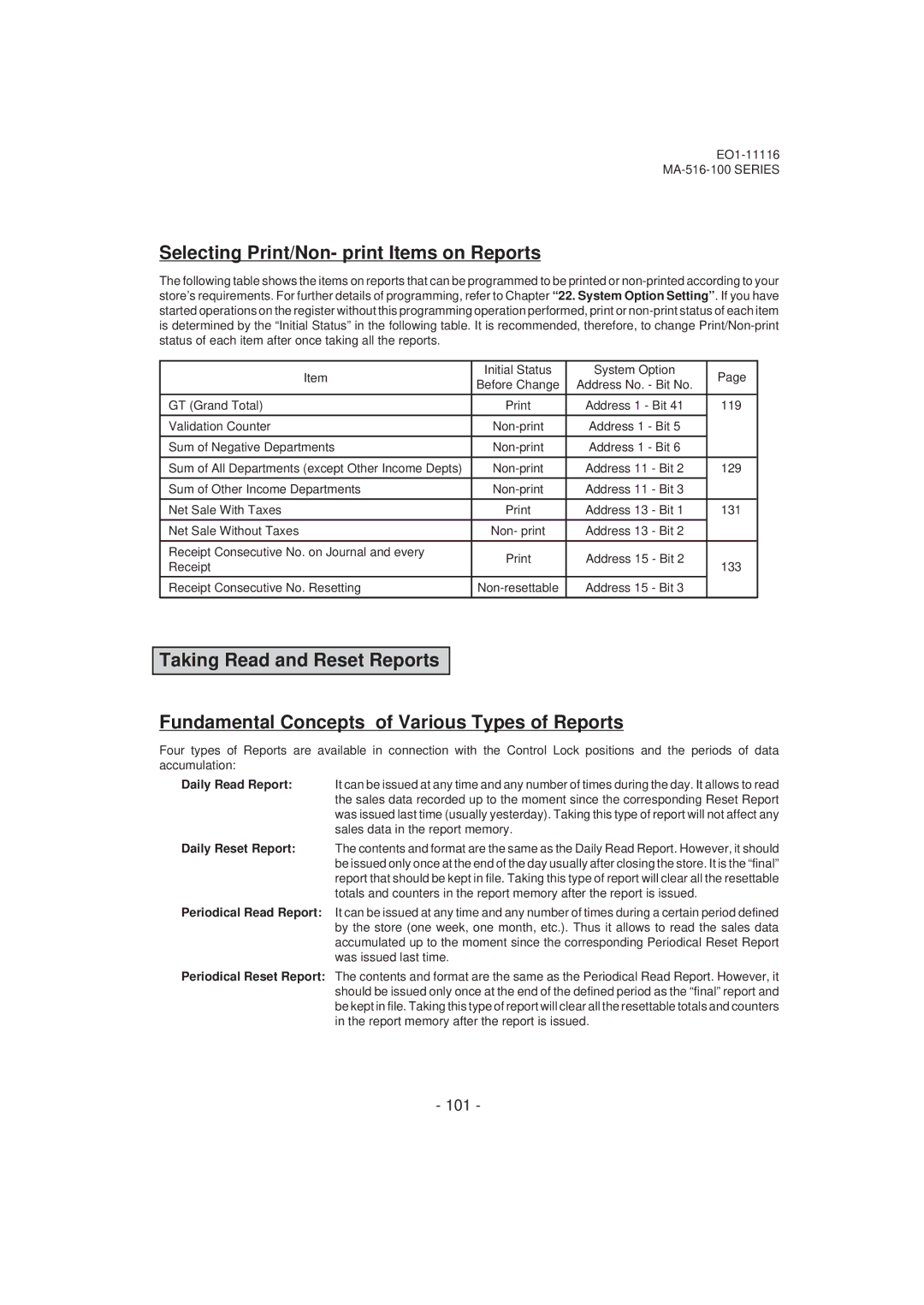 Toshiba MA-516-100 owner manual Selecting Print/Non- print Items on Reports, 101 