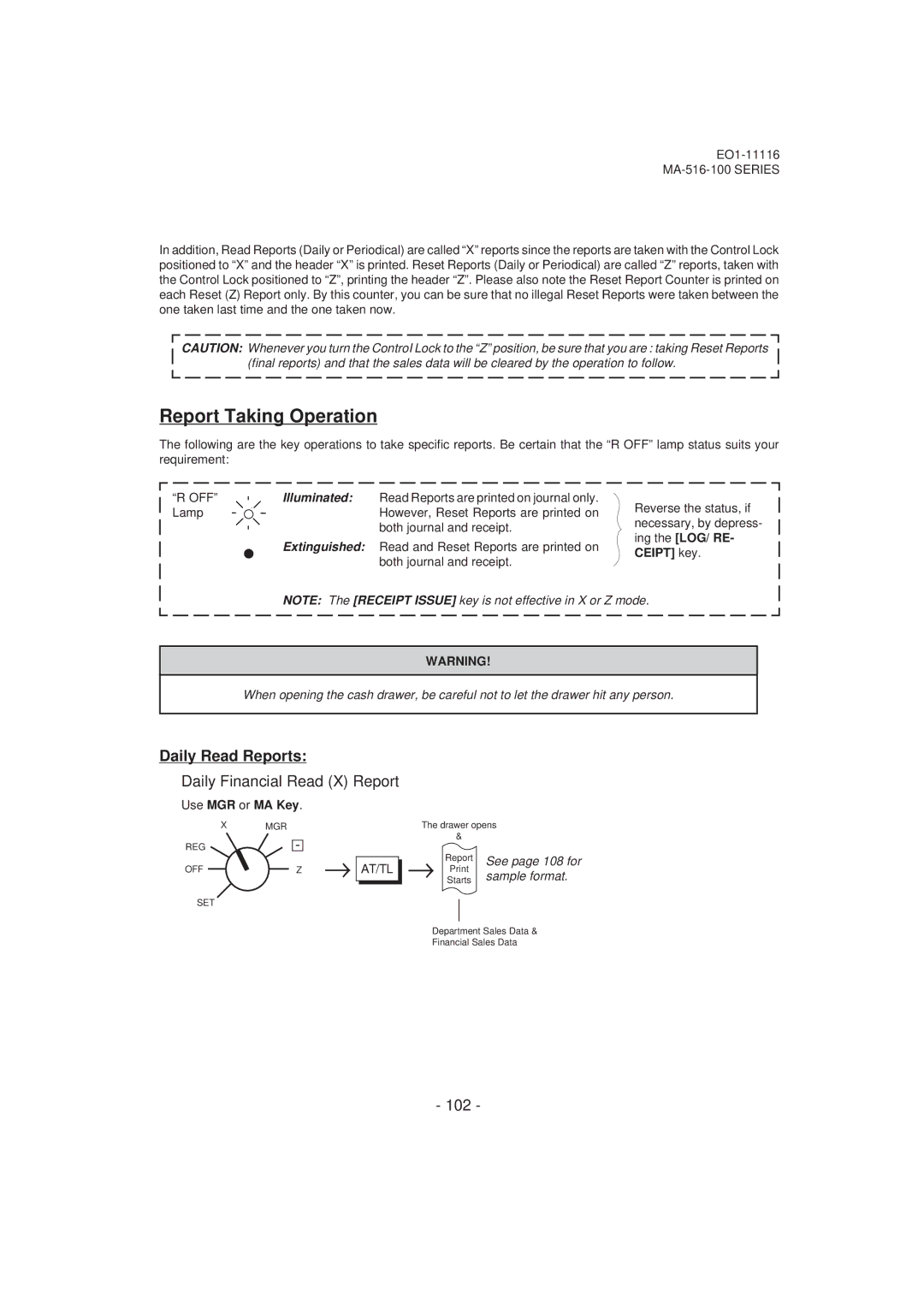 Toshiba MA-516-100 Report Taking Operation, Daily Read Reports, Daily Financial Read X Report, 102, Use MGR or MA Key 