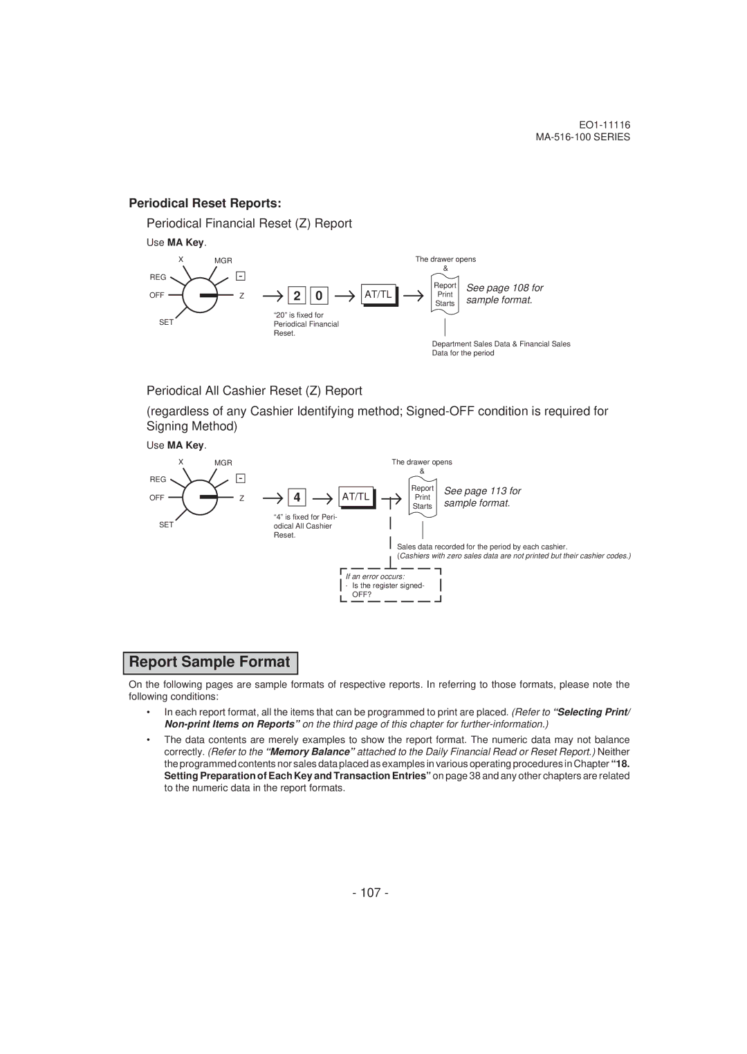 Toshiba MA-516-100 Report Sample Format, Periodical Reset Reports, Periodical Financial Reset Z Report, → 2 0 →, 107 