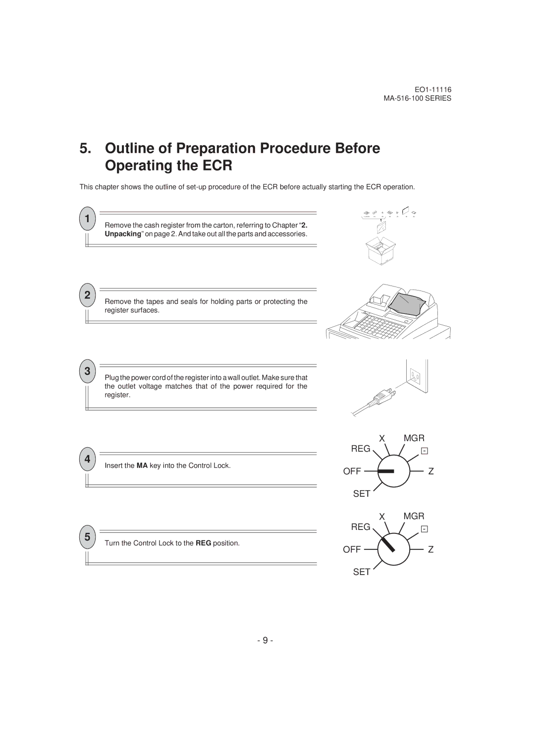 Toshiba MA-516-100 Outline of Preparation Procedure Before Operating the ECR, Insert the MA key into the Control Lock 