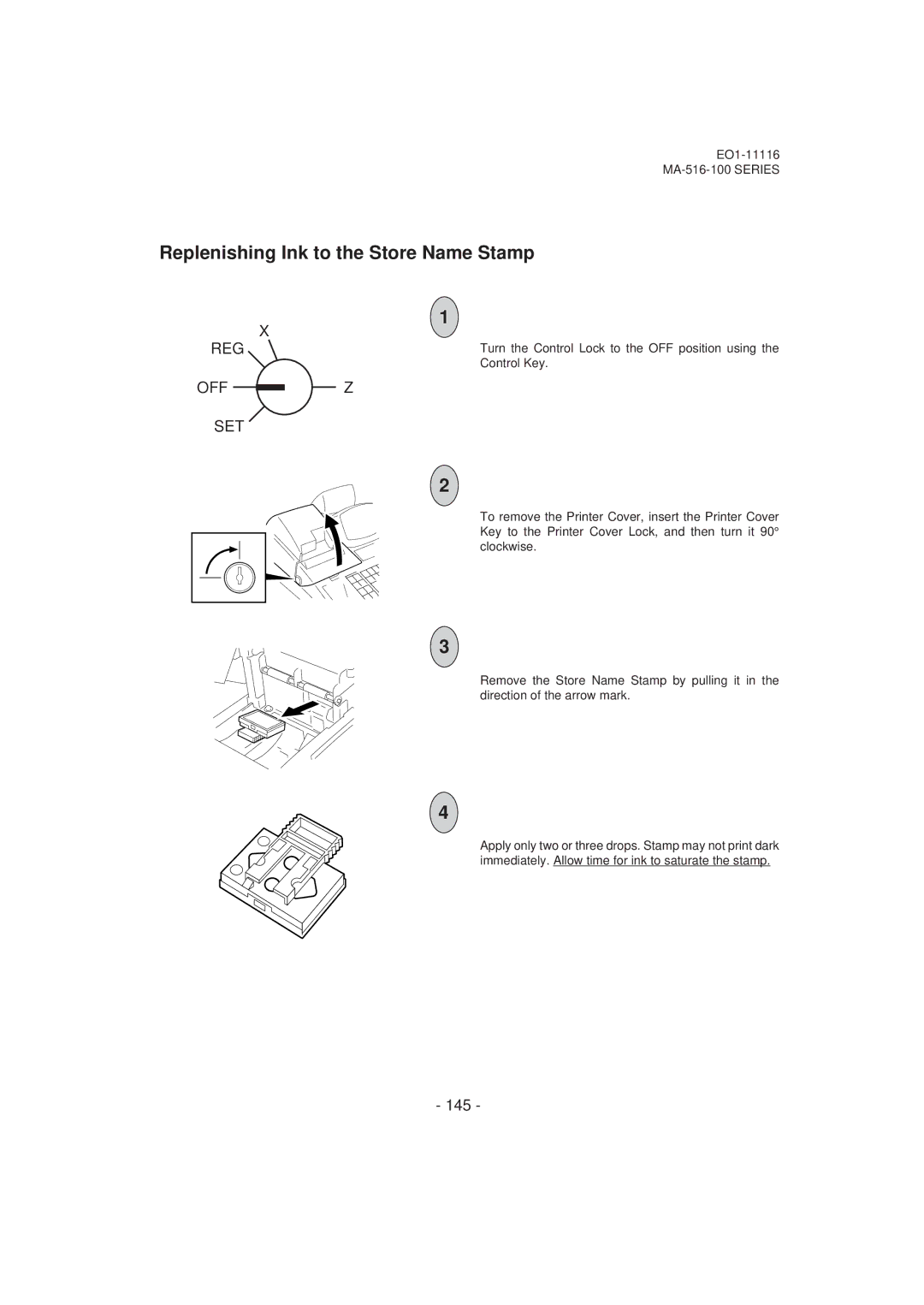 Toshiba MA-516-100 owner manual Replenishing Ink to the Store Name Stamp, 145 