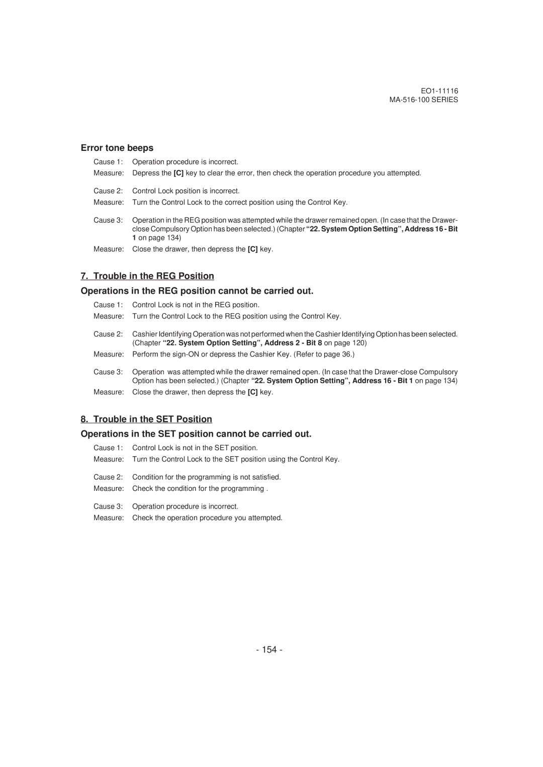 Toshiba MA-516-100 owner manual Error tone beeps, 154 