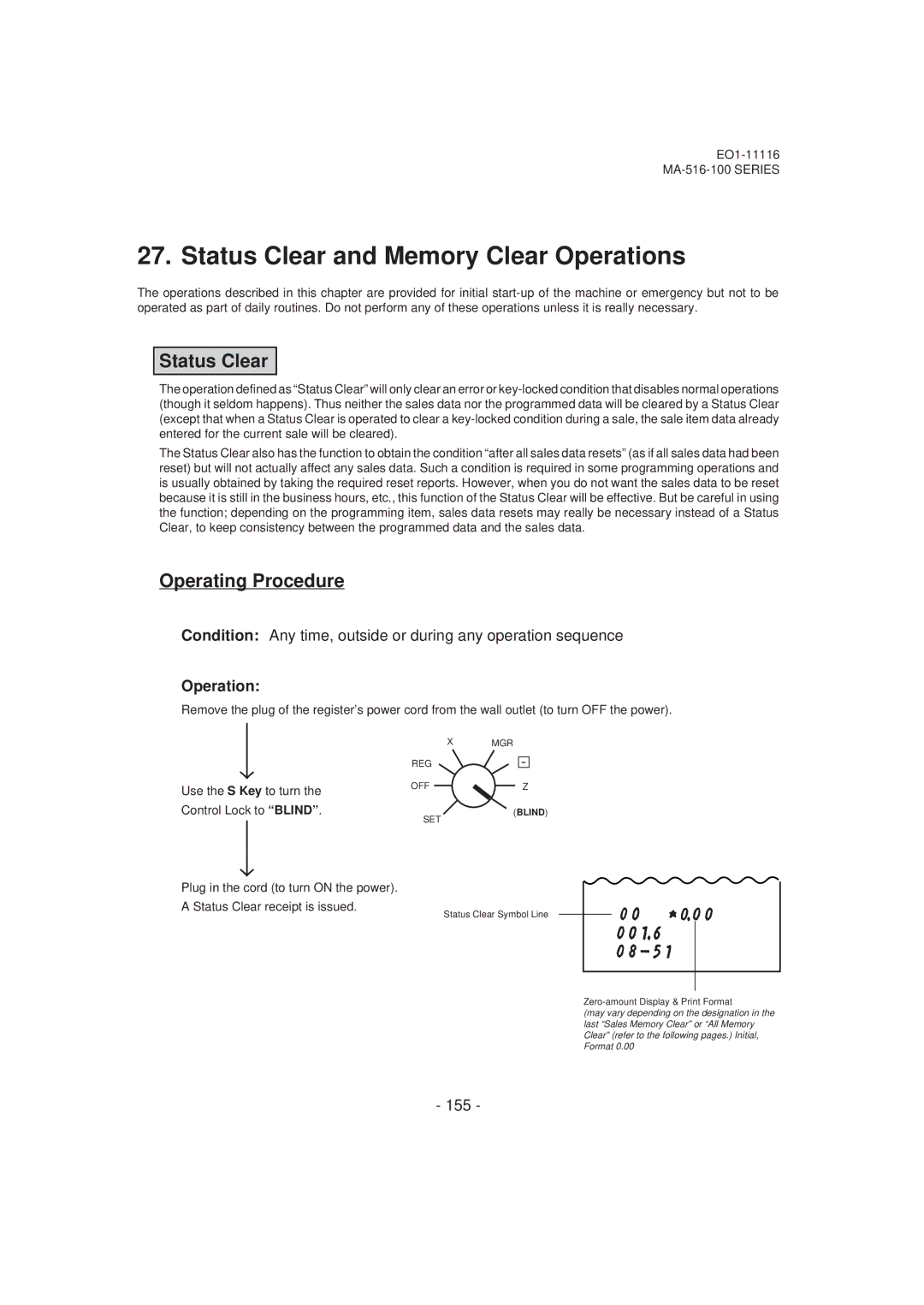 Toshiba MA-516-100 owner manual Status Clear and Memory Clear Operations, 155 