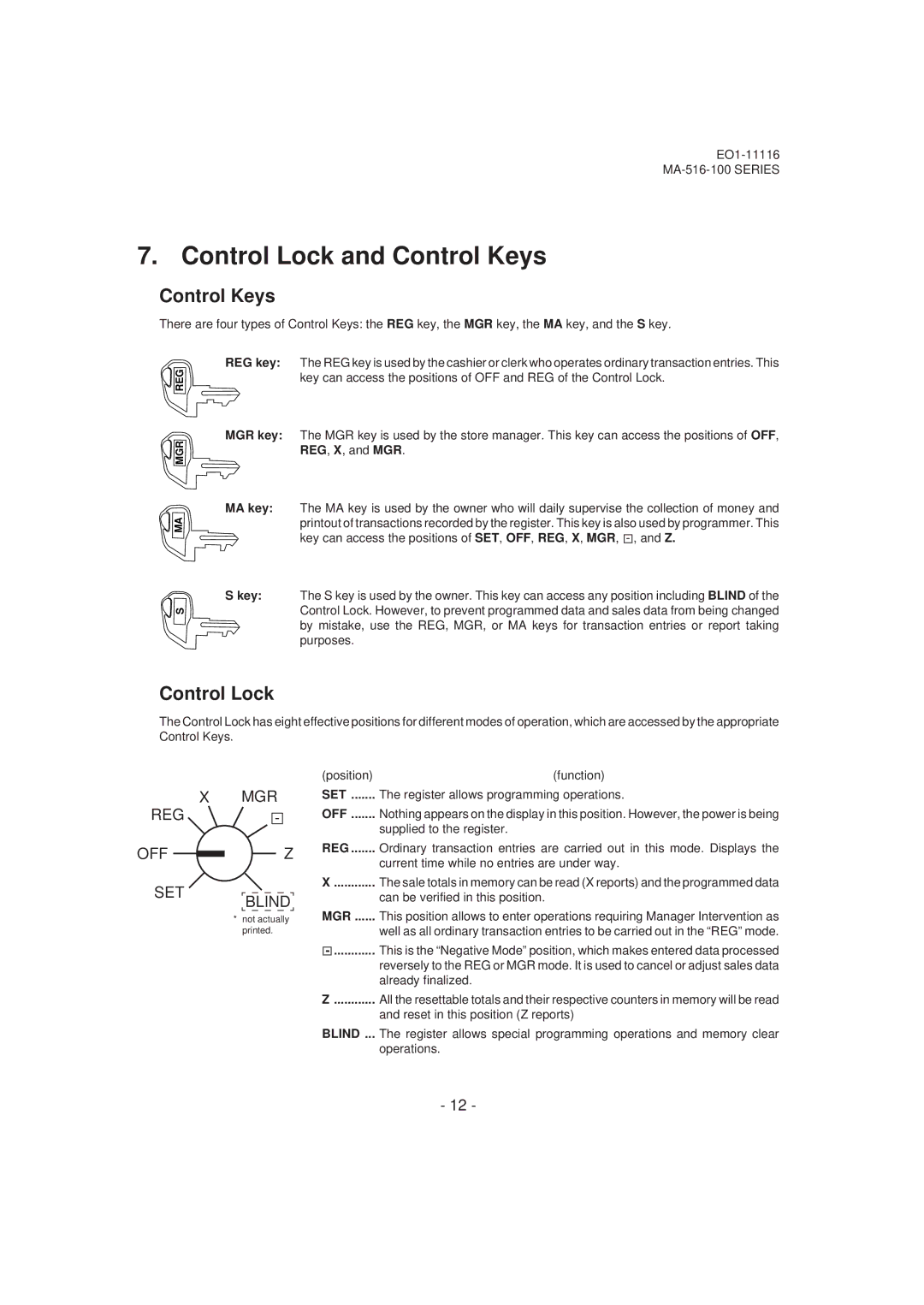 Toshiba MA-516-100 owner manual Control Lock and Control Keys, Reg 