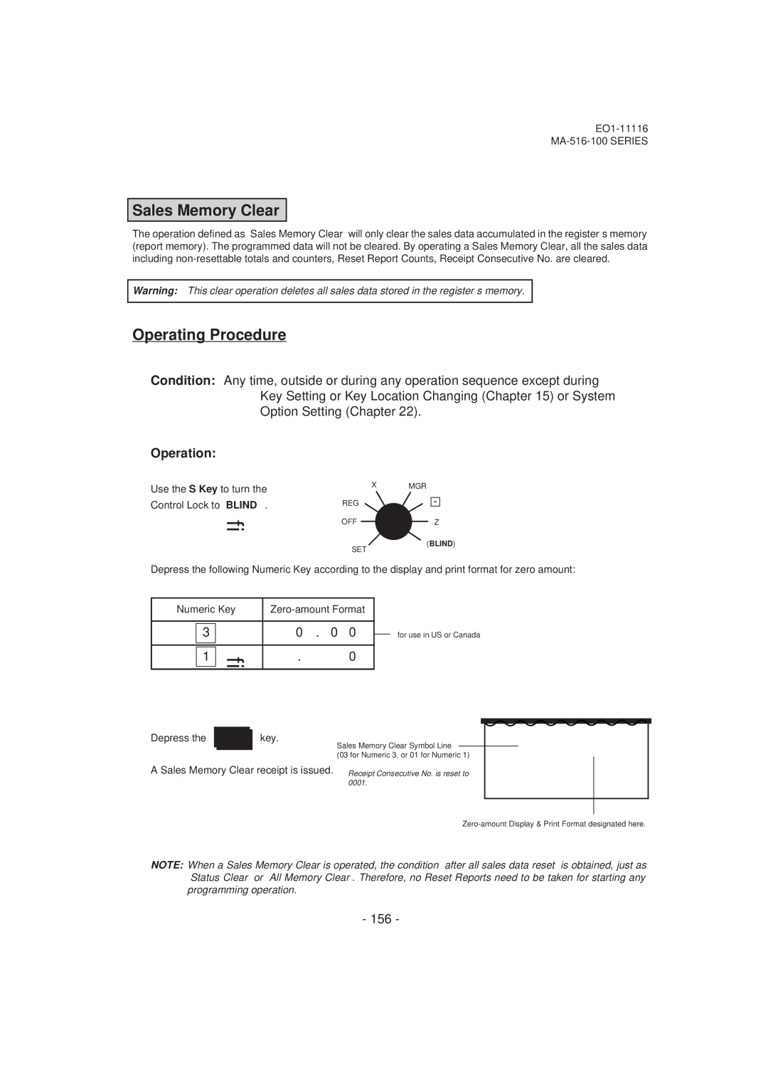 Toshiba MA-516-100 owner manual Sales Memory Clear, 156, Depress AT/TL key 