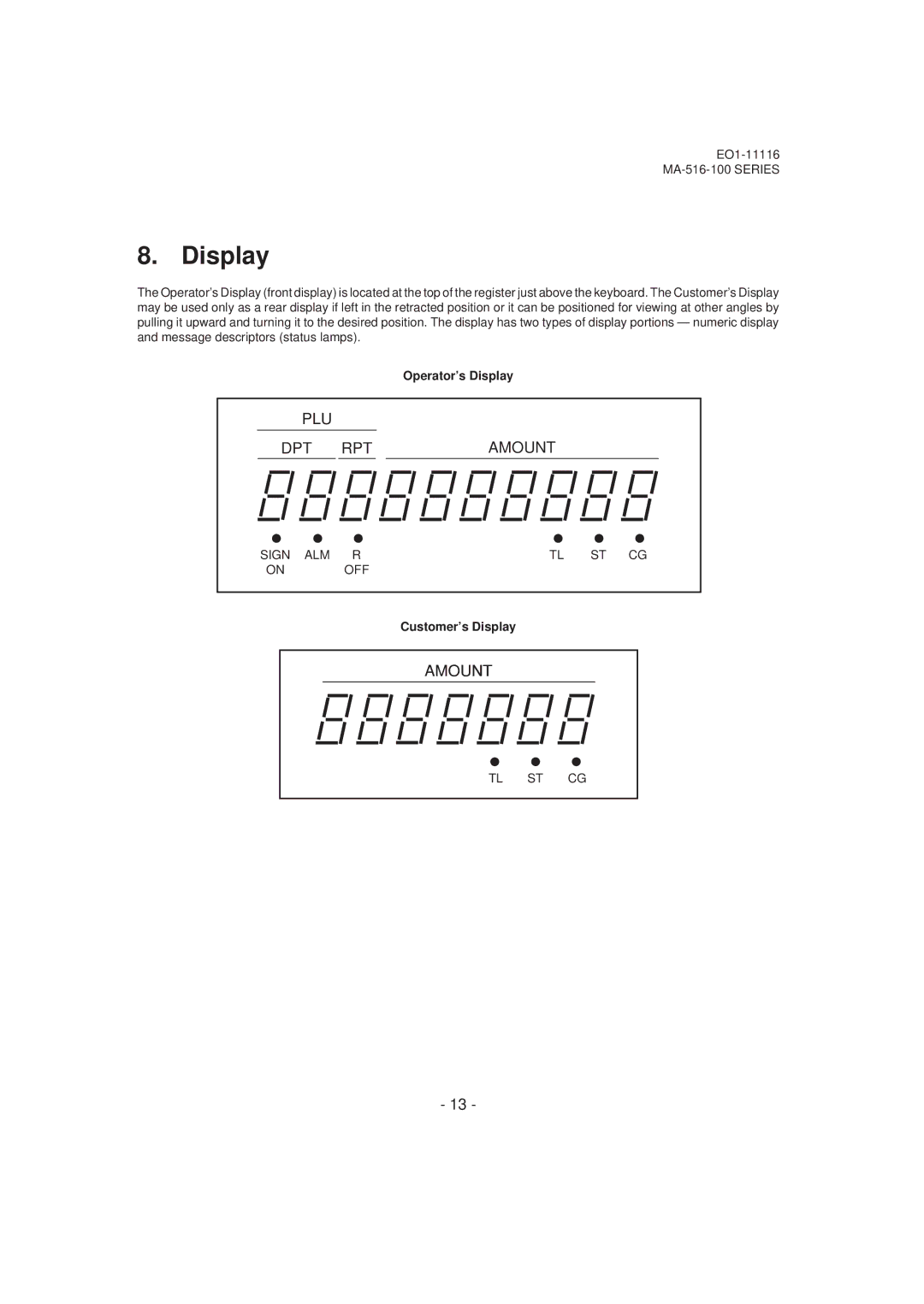 Toshiba MA-516-100 owner manual Display, Sign ALM OFF 