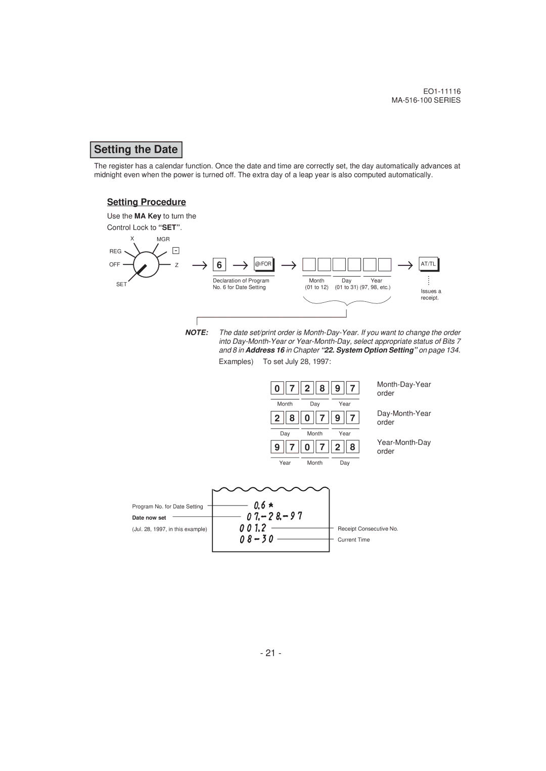 Toshiba MA-516-100 owner manual Setting the Date, 2 8 9, Order 