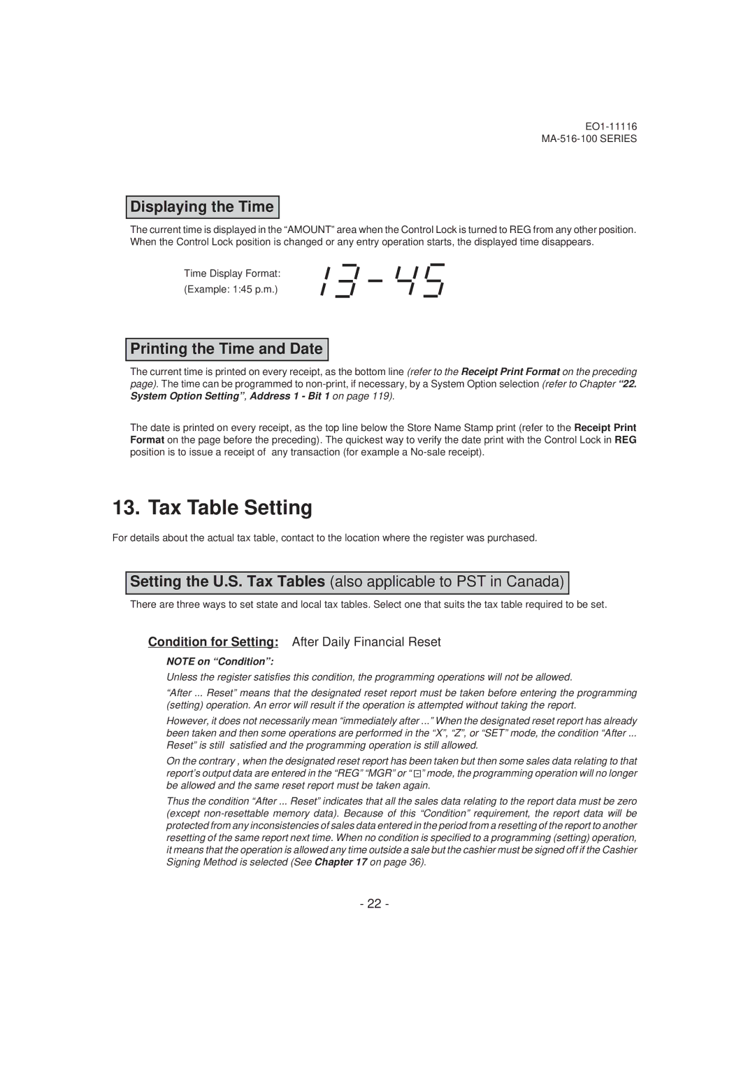 Toshiba MA-516-100 Tax Table Setting, Displaying the Time, Printing the Time and Date, Time Display Format Example 145 p.m 