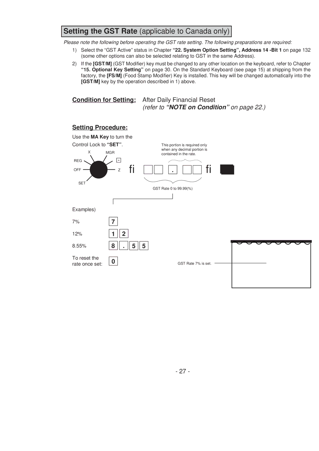 Toshiba MA-516-100 owner manual Setting the GST Rate applicable to Canada only, Examples 12% 55% 