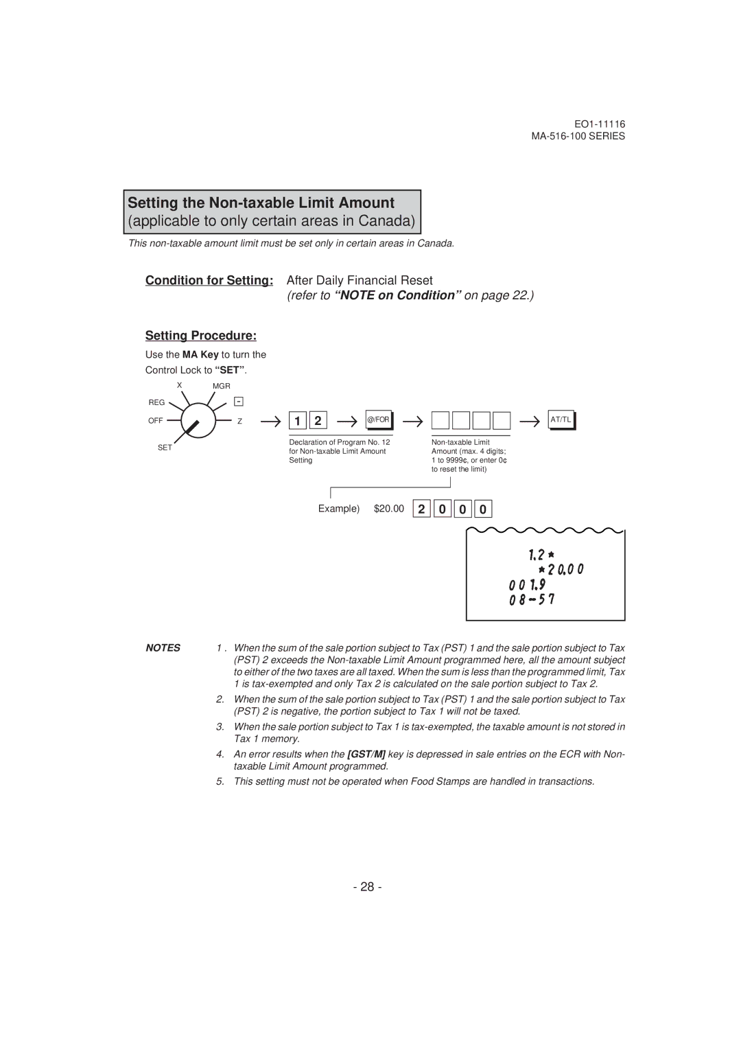 Toshiba MA-516-100 Setting the Non-taxable Limit Amount, Example $20.00, Tax 1 memory, Taxable Limit Amount programmed 