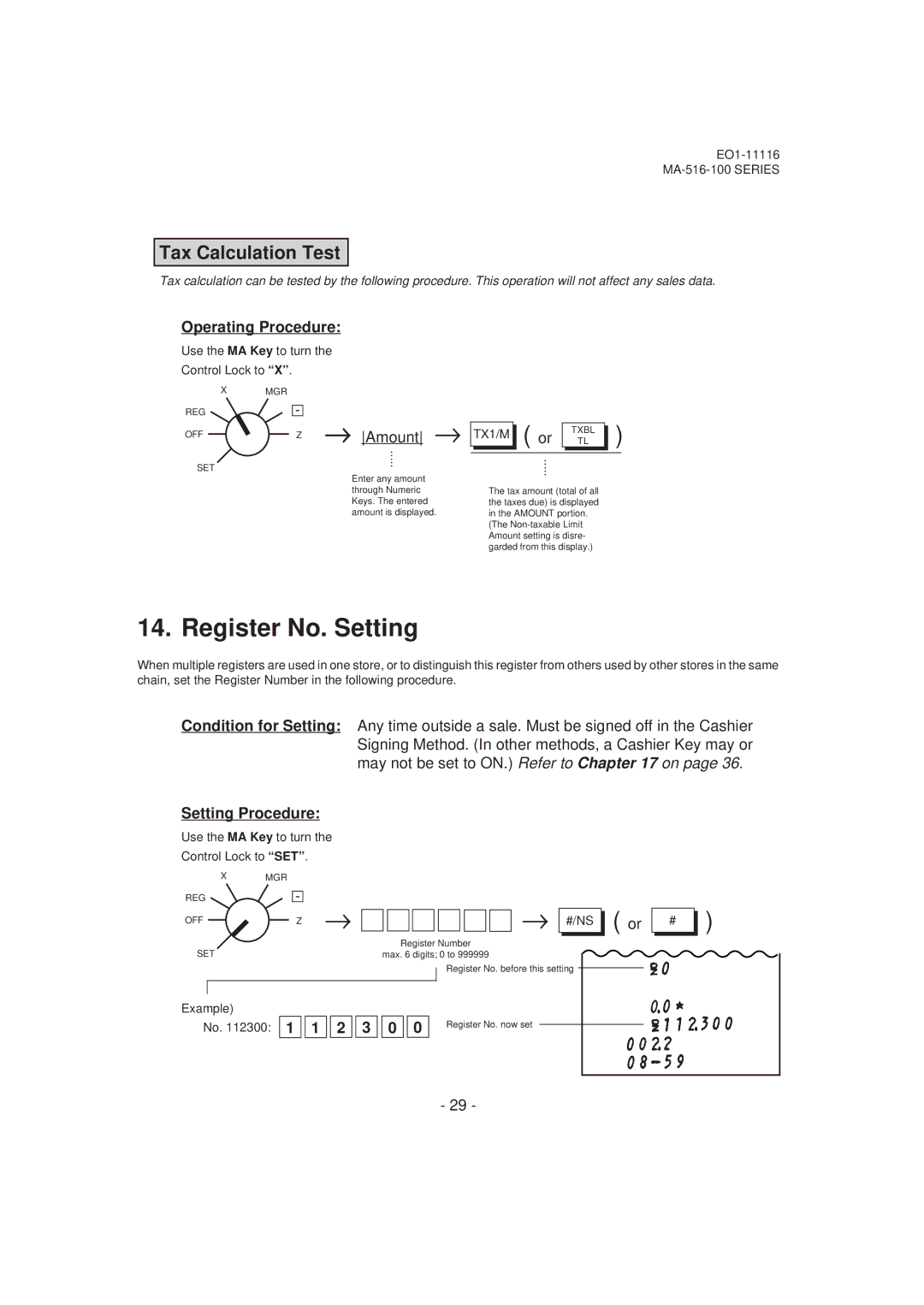 Toshiba MA-516-100 owner manual Register No. Setting, Tax Calculation Test, Operating Procedure, → Amount →, TX1/M 