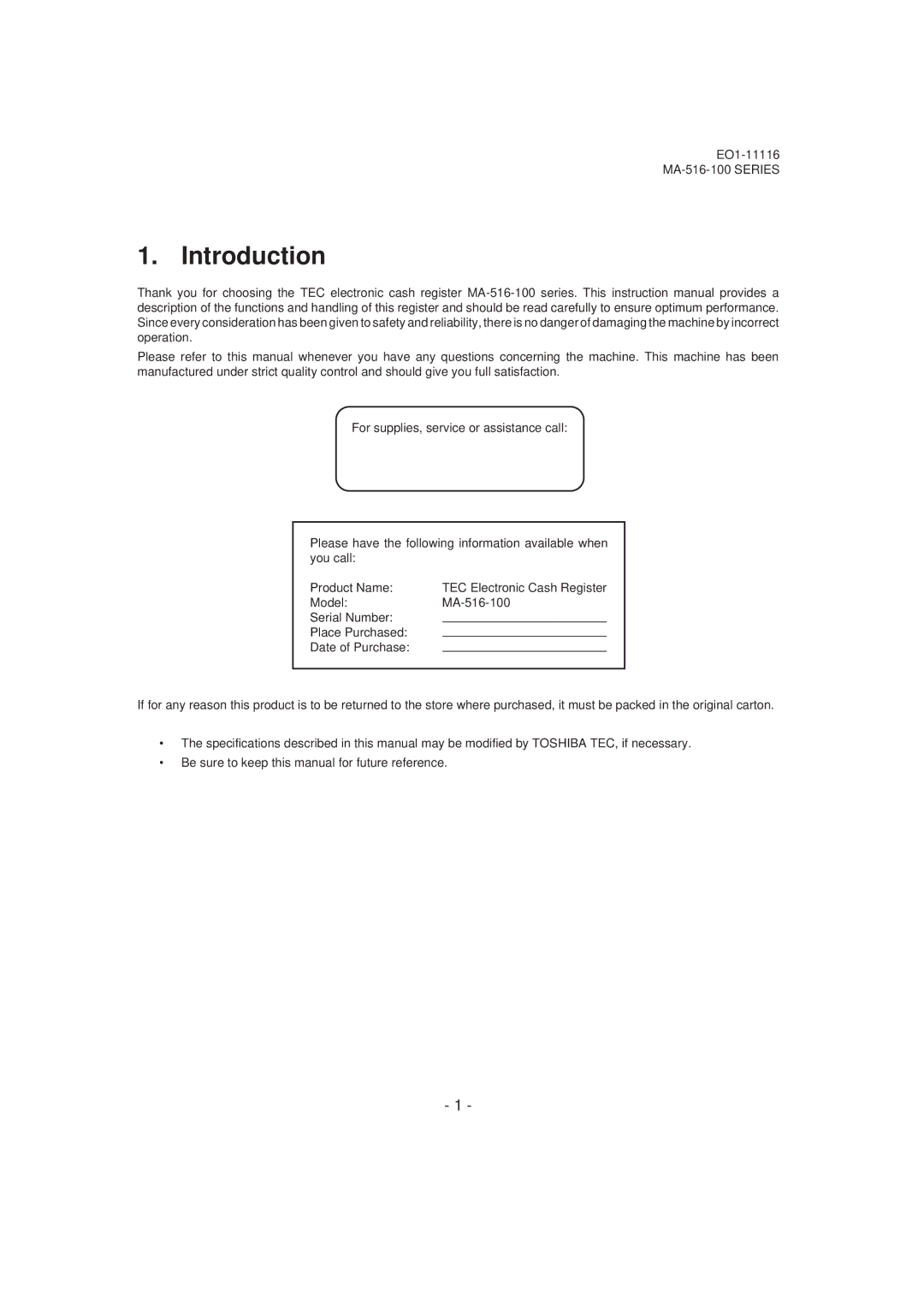 Toshiba owner manual Introduction, EO1-11116 MA-516-100 Series 