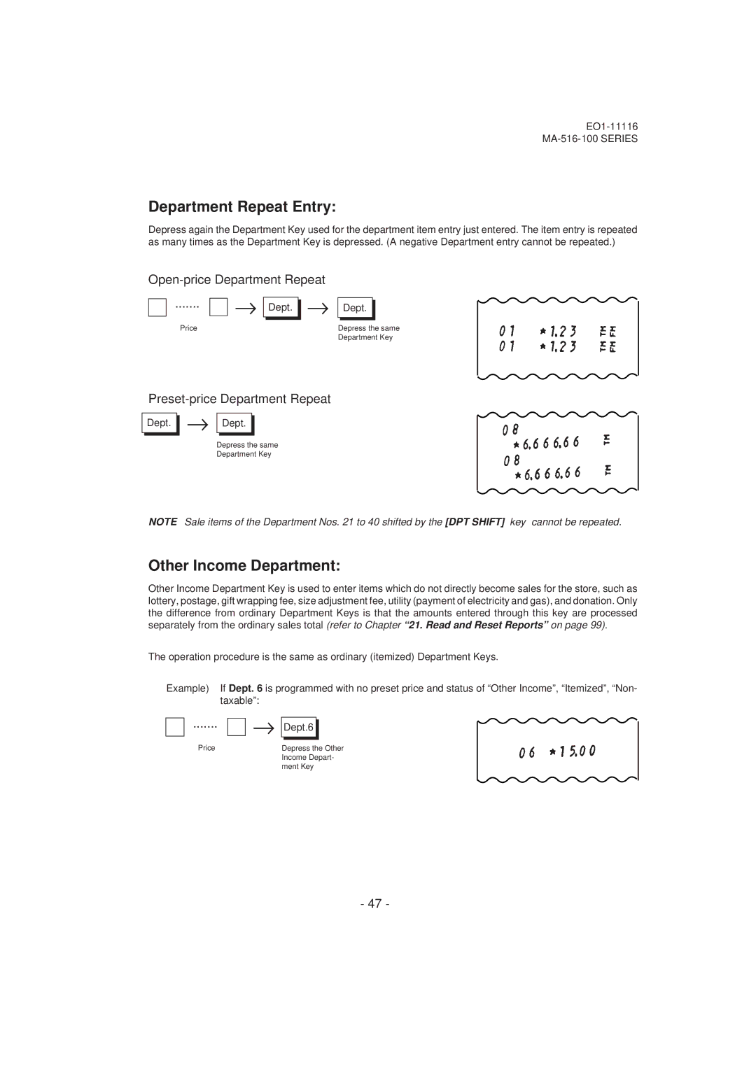 Toshiba MA-516-100 owner manual Department Repeat Entry, Other Income Department, Open-price Department Repeat → Dept. → 