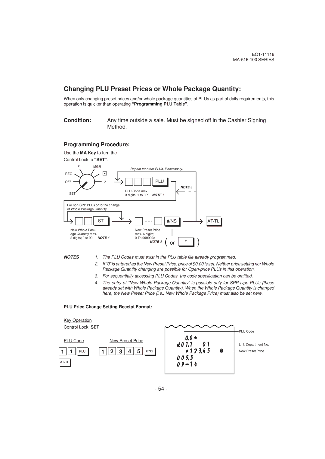 Toshiba MA-516-100 owner manual Changing PLU Preset Prices or Whole Package Quantity, Plu, 3 4 5 #/NS 