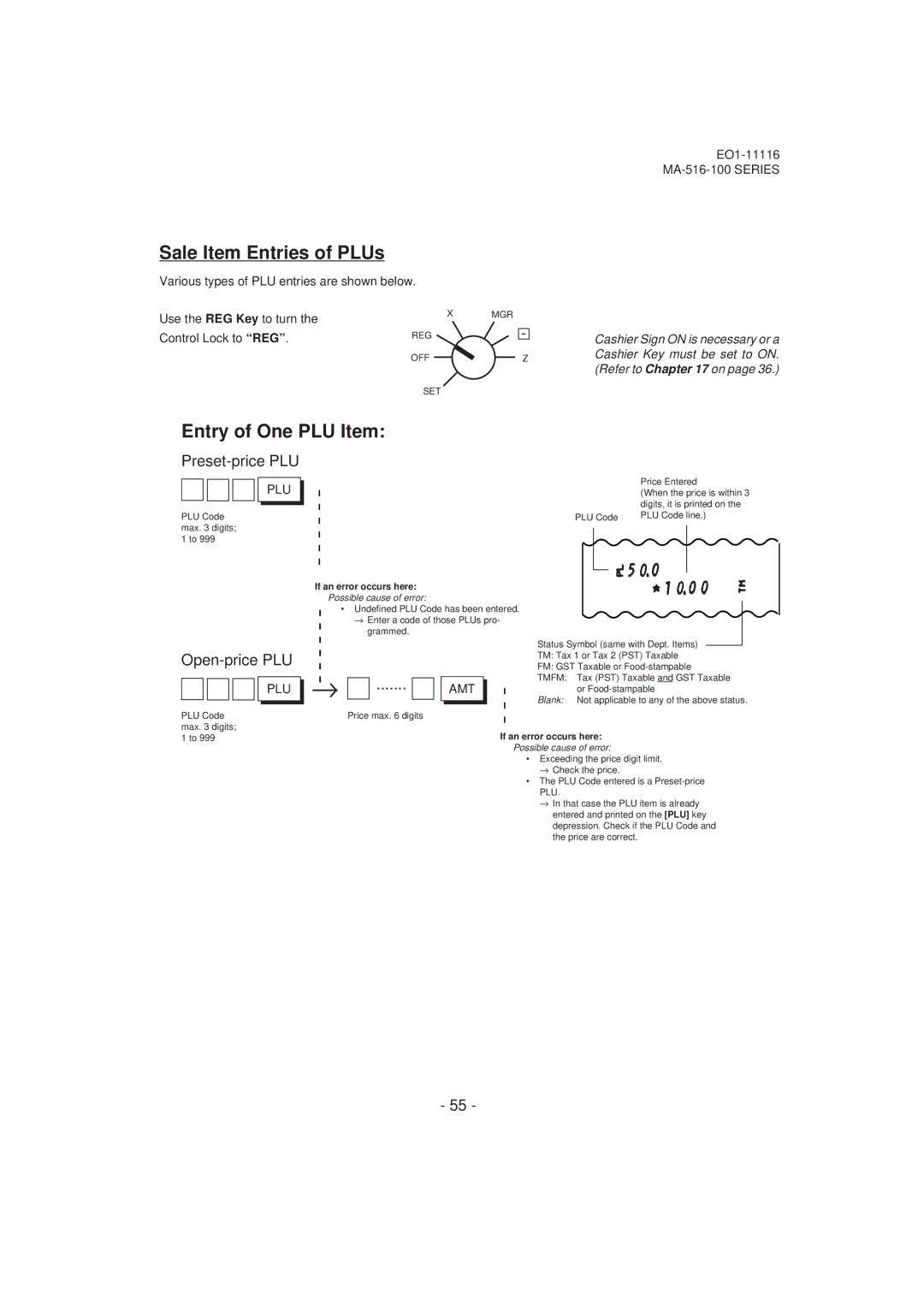 Toshiba MA-516-100 owner manual Sale Item Entries of PLUs, Entry of One PLU Item, Preset-price PLU, Open-price PLU, Amt 