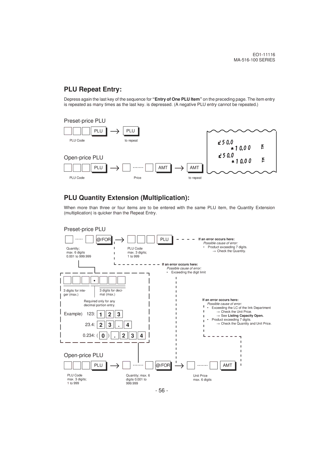 Toshiba MA-516-100 owner manual PLU Repeat Entry, PLU Quantity Extension Multiplication, Example 23.4 234 