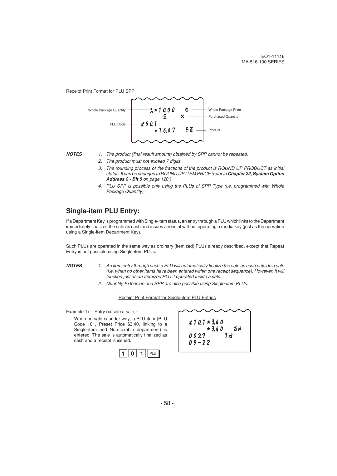 Toshiba MA-516-100 owner manual Single-item PLU Entry, 1 PLU, Receipt Print Format for PLU SPP 