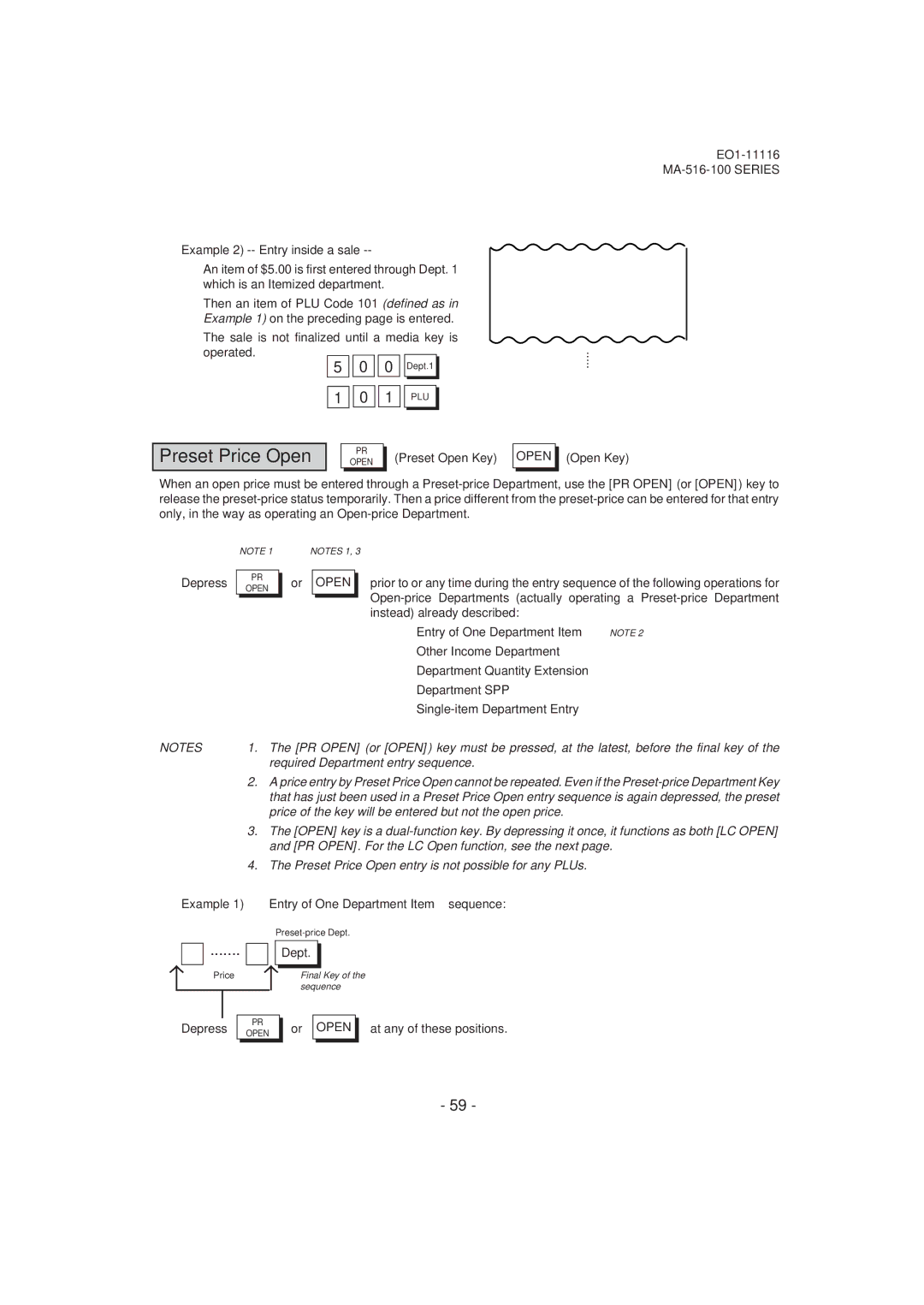 Toshiba MA-516-100 owner manual Preset Price Open, Example 1 Entry of One Department Item sequence, Or Open 