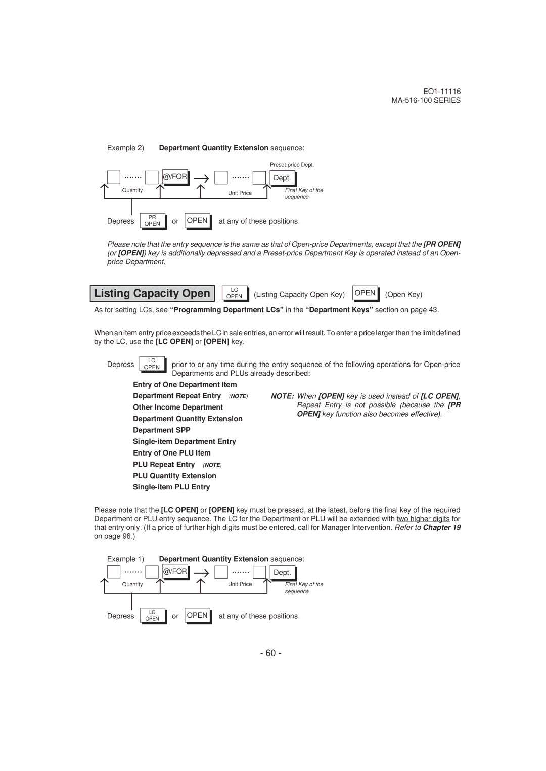 Toshiba MA-516-100 Listing Capacity Open, Example 2 Department Quantity Extension sequence, At any of these positions 