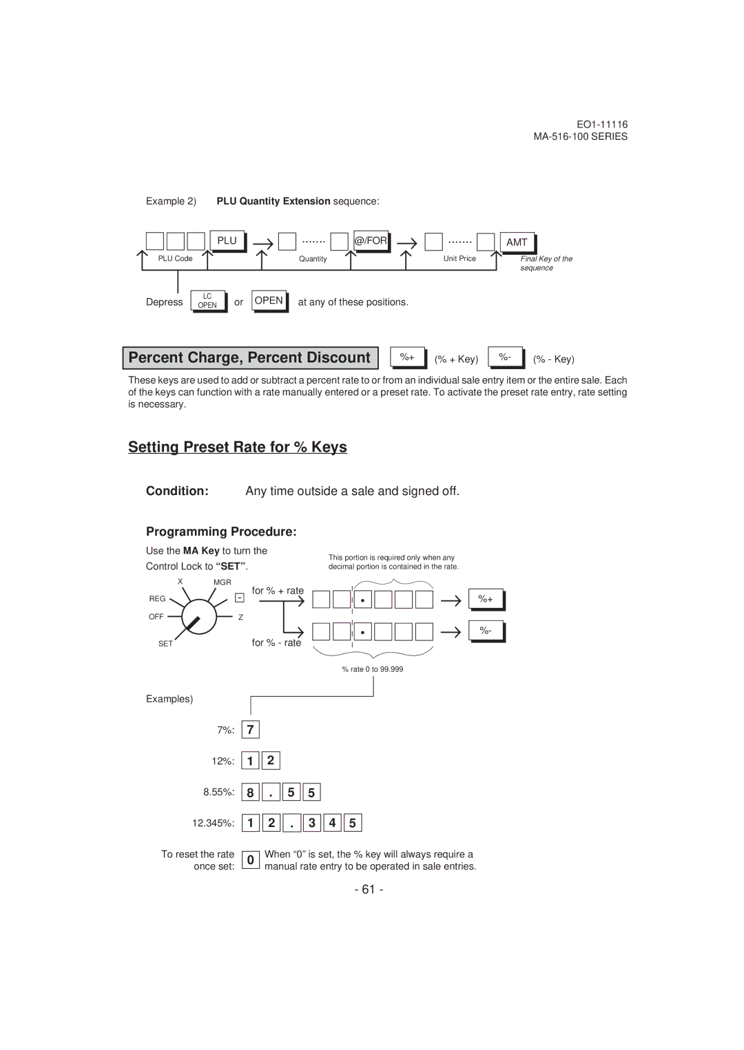 Toshiba MA-516-100 owner manual Percent Charge, Percent Discount, Setting Preset Rate for % Keys, Plu @/For 