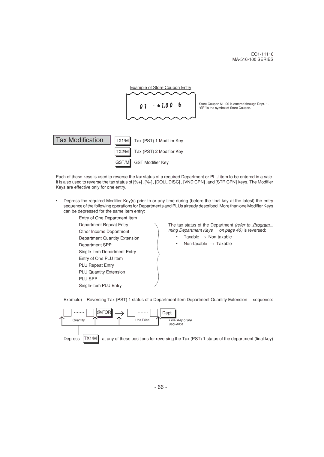 Toshiba owner manual Tax Modification, EO1-11116 MA-516-100 Series Example of Store Coupon Entry 