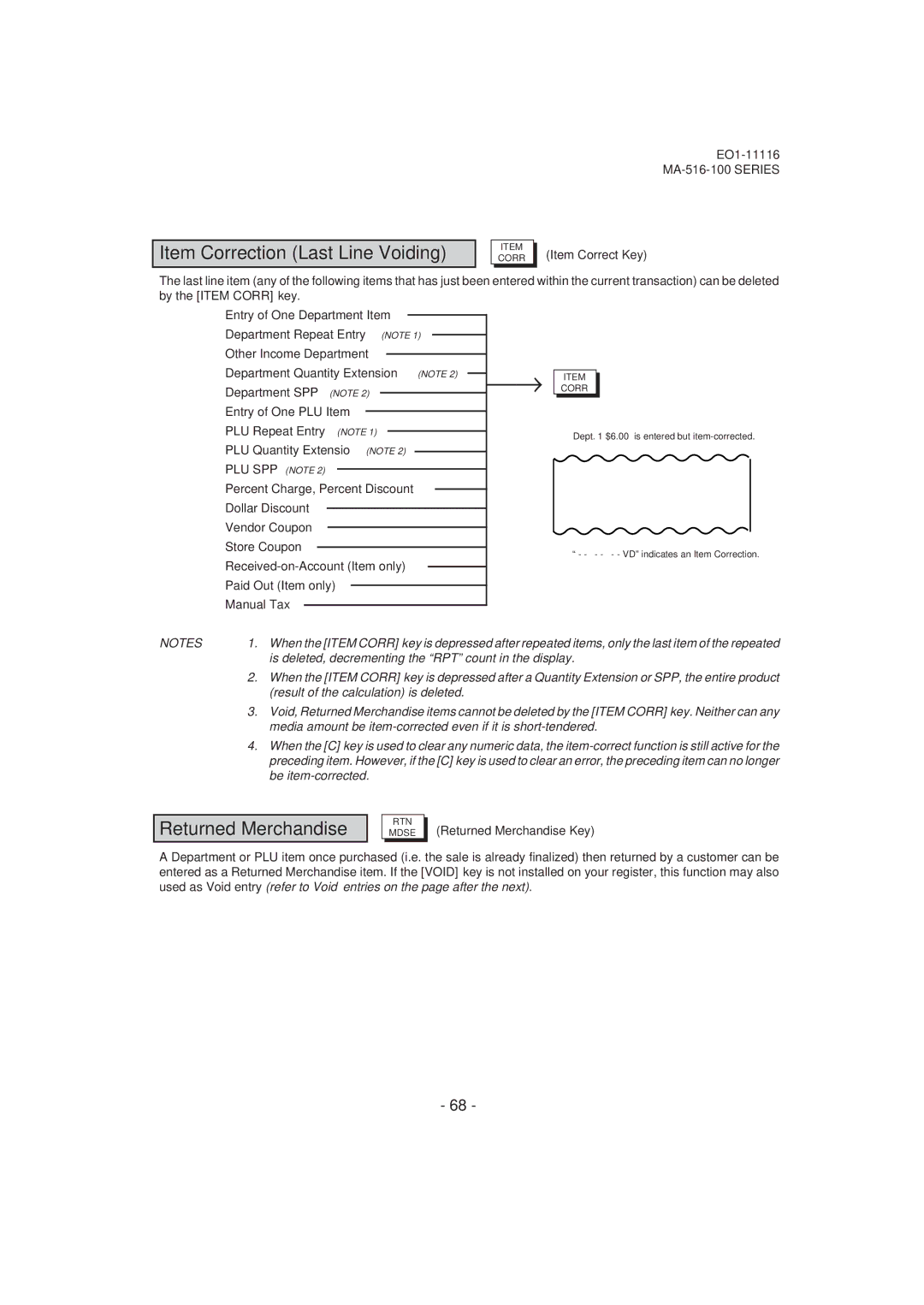 Toshiba MA-516-100 owner manual Item Correction Last Line Voiding, Returned Merchandise 