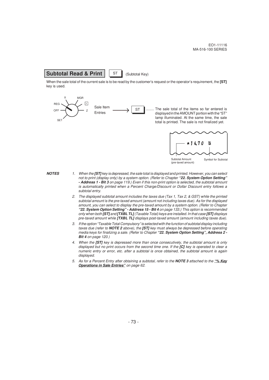 Toshiba MA-516-100 owner manual Subtotal Read & Print, Subtotal entry, Bit 4 on, Displayed 