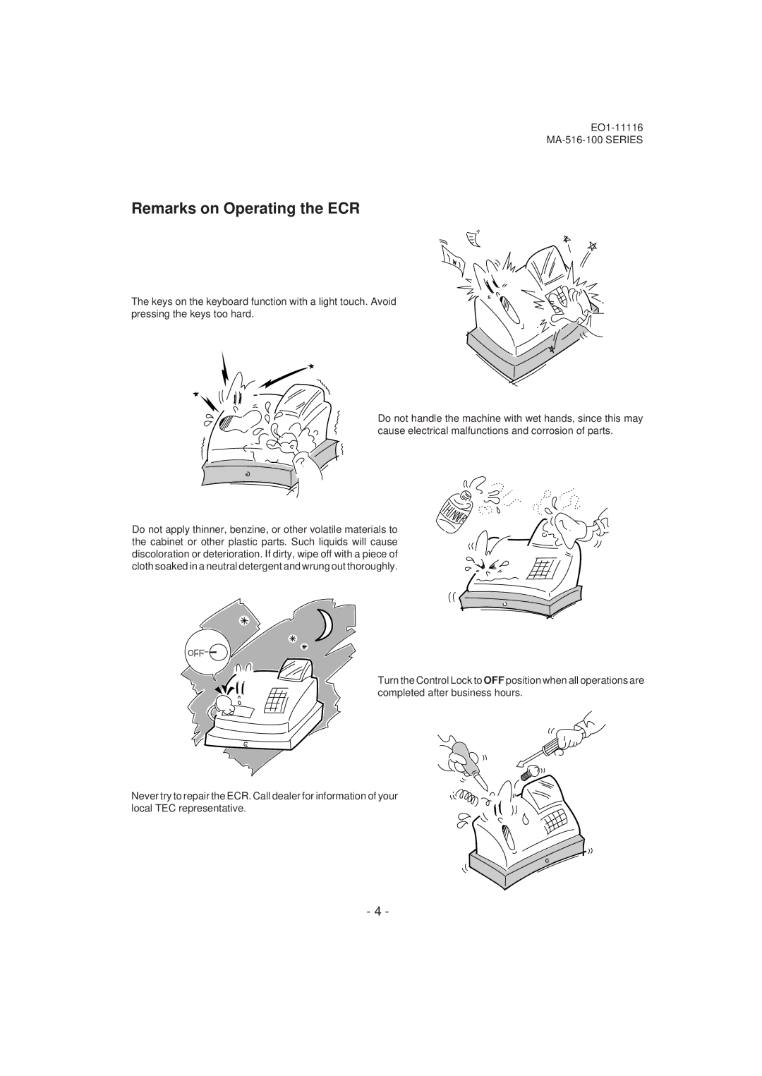 Toshiba MA-516-100 owner manual Remarks on Operating the ECR 