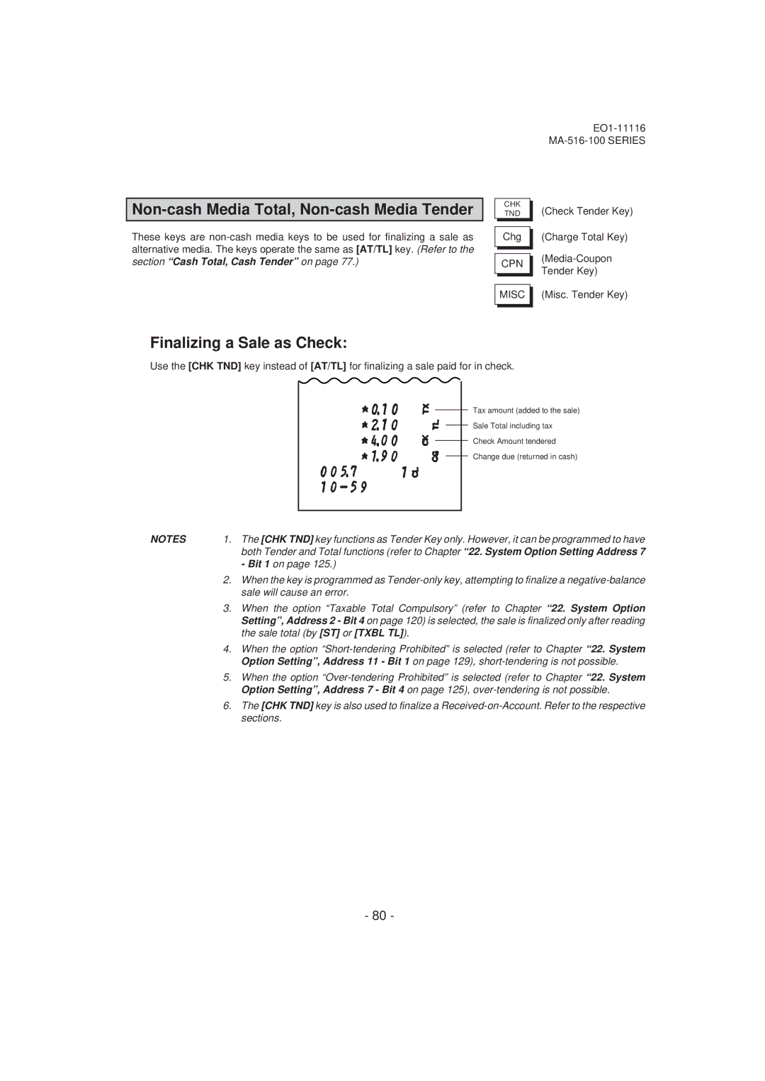 Toshiba MA-516-100 owner manual Non-cash Media Total, Non-cash Media Tender, Finalizing a Sale as Check 