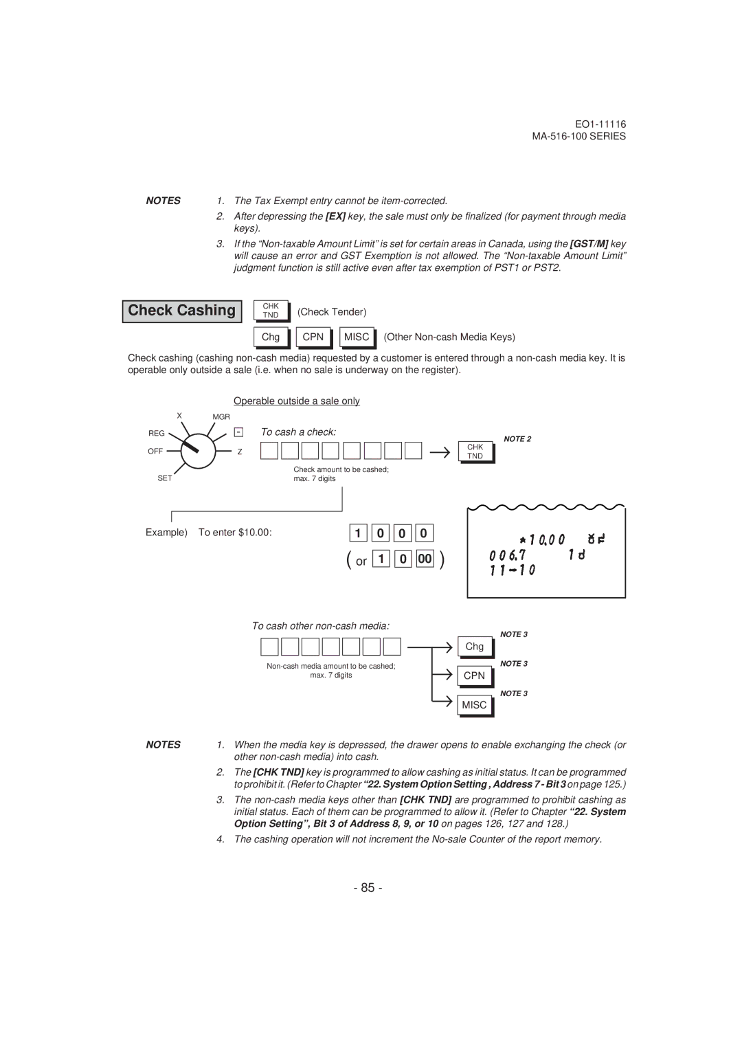 Toshiba MA-516-100 owner manual Check Cashing, To cash a check, Example To enter $10.00, To cash other non-cash media, Chg 