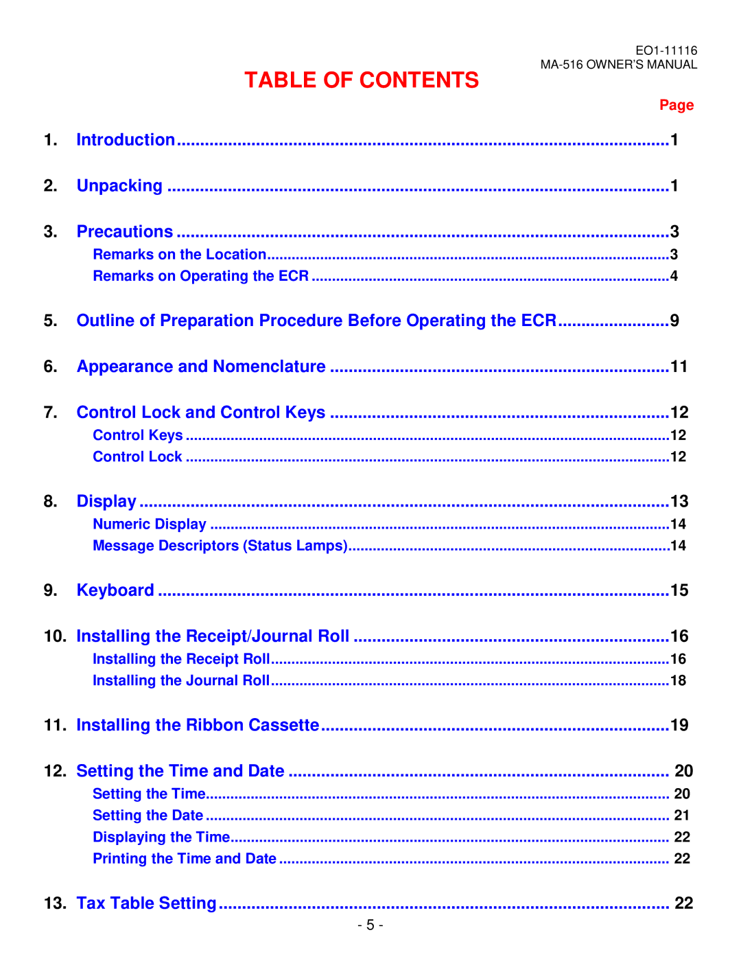 Toshiba MA-516-100 owner manual Table of Contents 