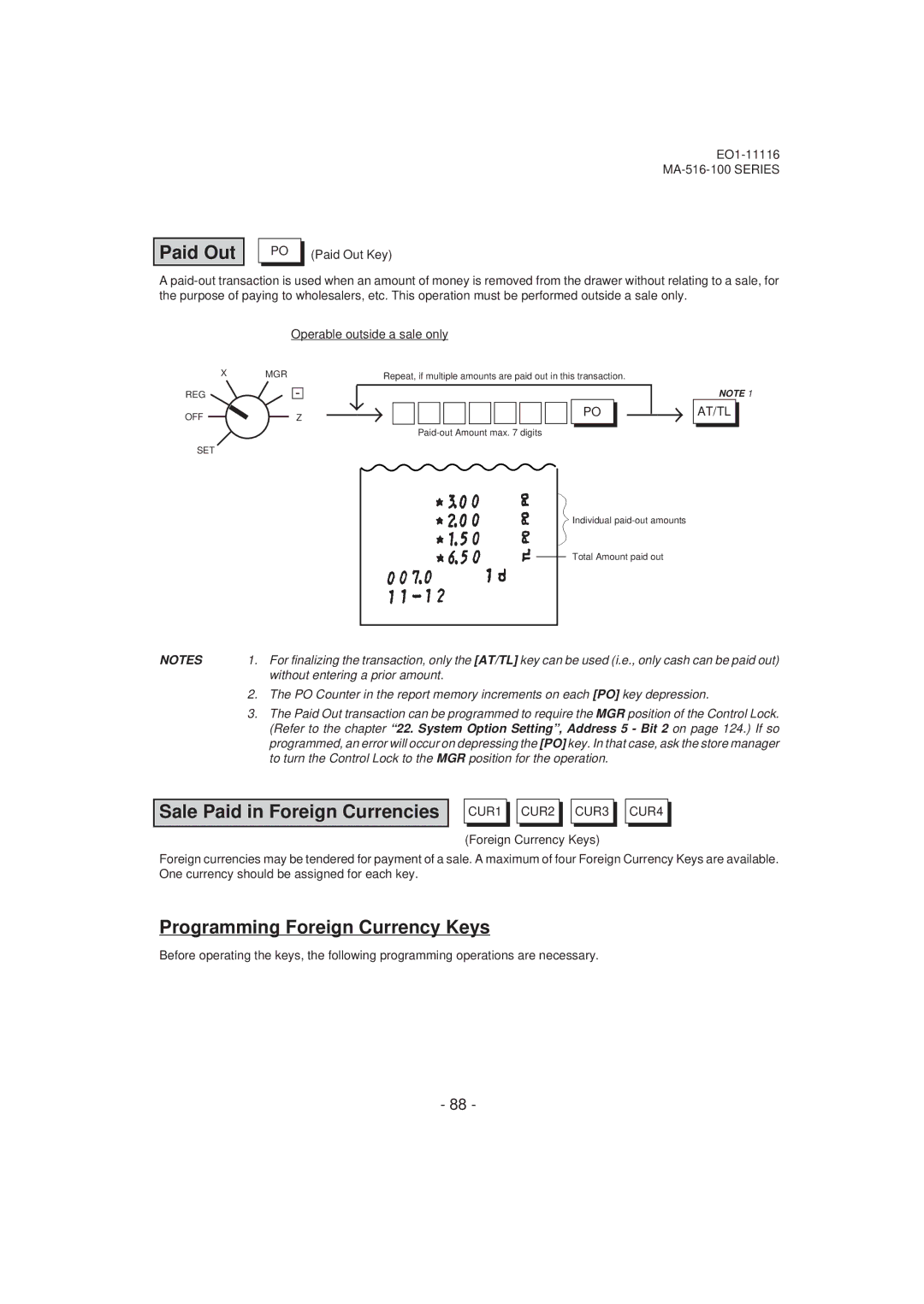 Toshiba MA-516-100 owner manual Paid Out, Sale Paid in Foreign Currencies, Programming Foreign Currency Keys 