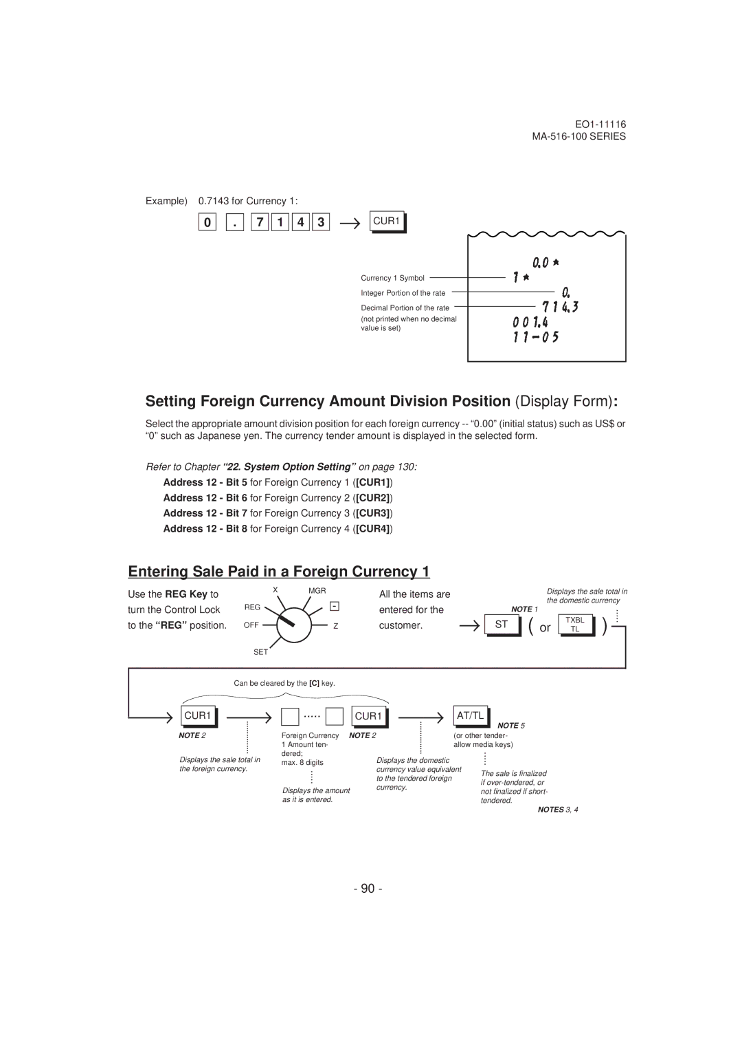 Toshiba MA-516-100 Entering Sale Paid in a Foreign Currency, Use the REG Key to, All the items are Turn the Control Lock 